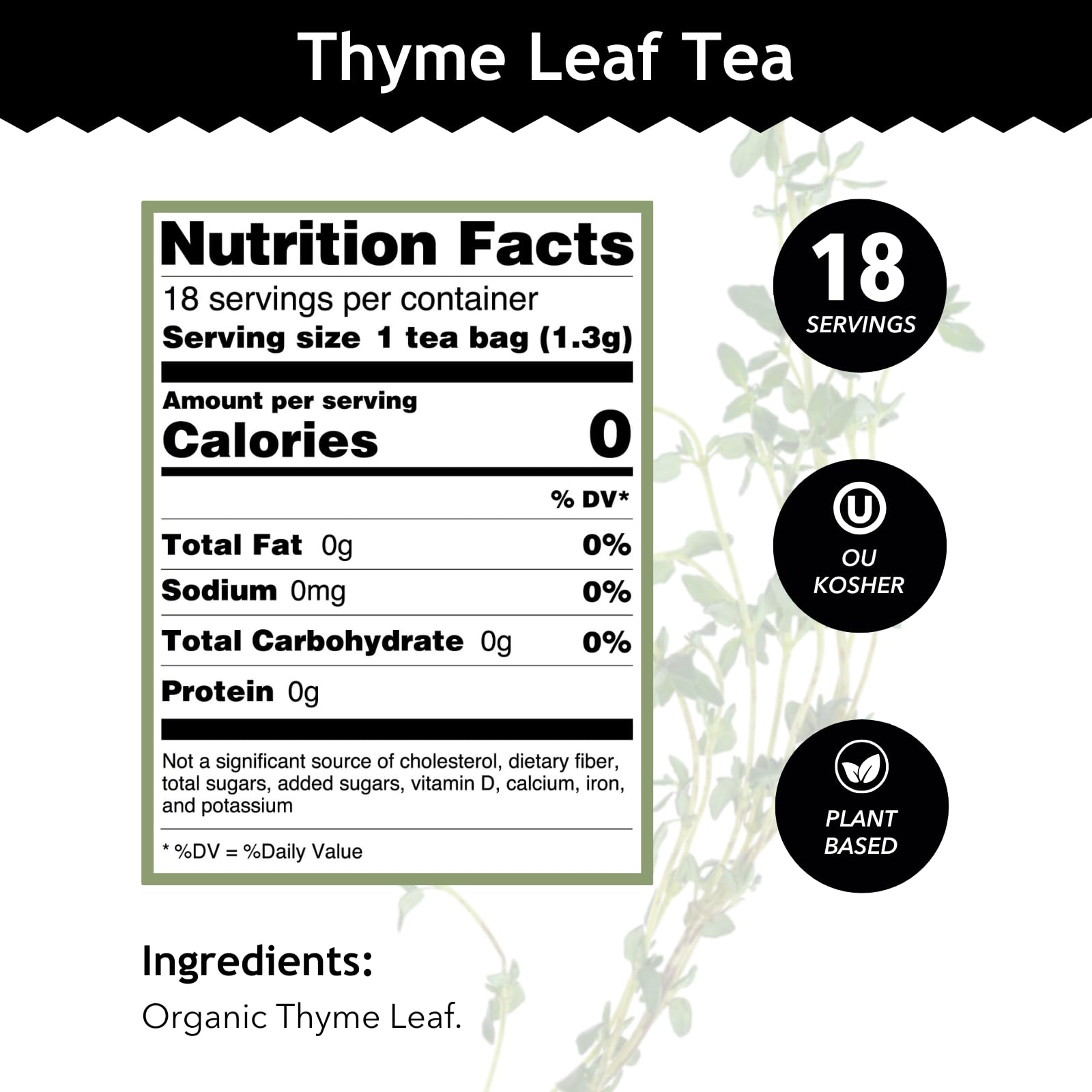 Buddha Teas - Organic Thyme Leaf Tea - Herbal Tea - For Health & Wellbeing - With Antioxidants & Minerals - Clean Ingredients - Caffeine Free - OU