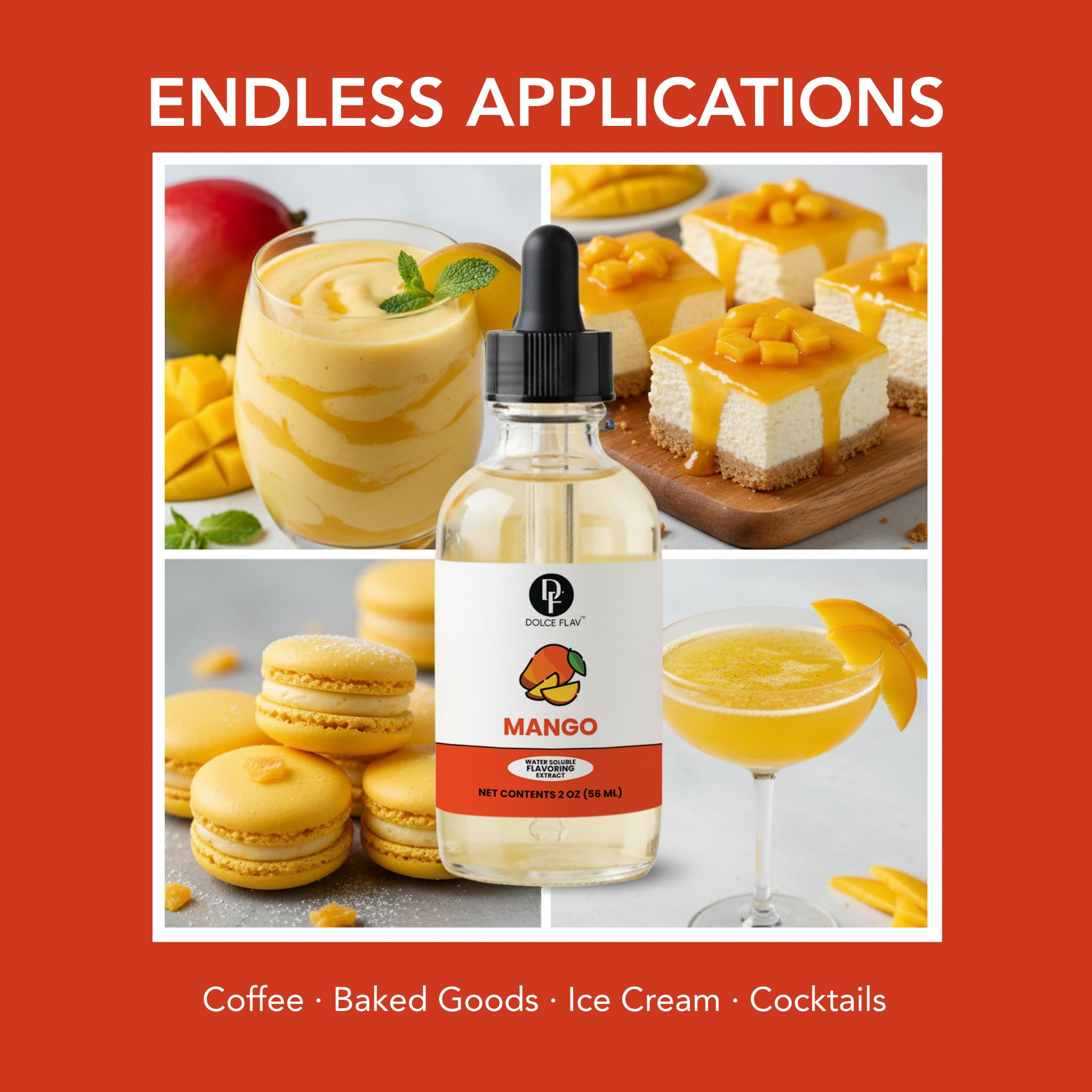 Dolce Flav Mango Extract - 2 Ounce Water-Soluble Multipurpose Flavoring Ideal for Baked Goods, Beverages, Coffee, Desserts & Ice Cream - Mango Essence