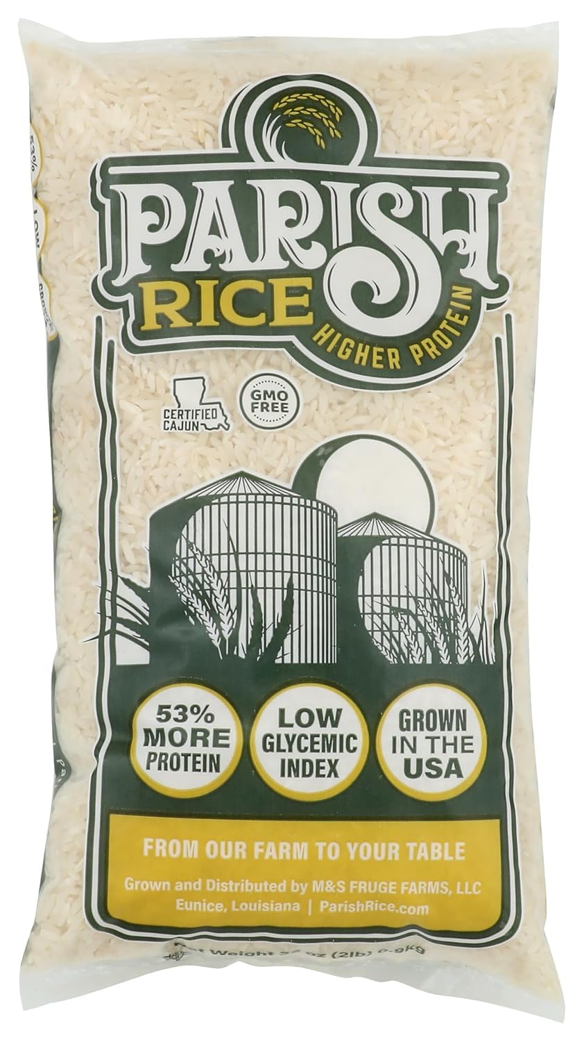 Parish White Rice - High-Protein Rice with Low Glycemic Index - Locally Grown Long-Grain White Rice - Made in the USA - Rich Nutrient Content - Ideal for Curry, Desserts, Stir-Fry - 2lb Bag