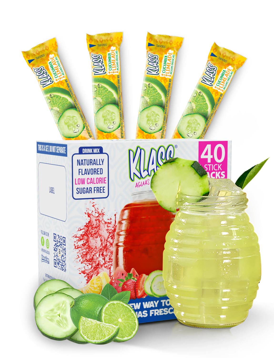 Klass Aguas Frescas, Powdered Drink Mix, 40 Singles Zero Sugar & Caffeine-Free Powder Packets, Water Drink Mix, Flavor: Cucumber Limeade - 5 Calories