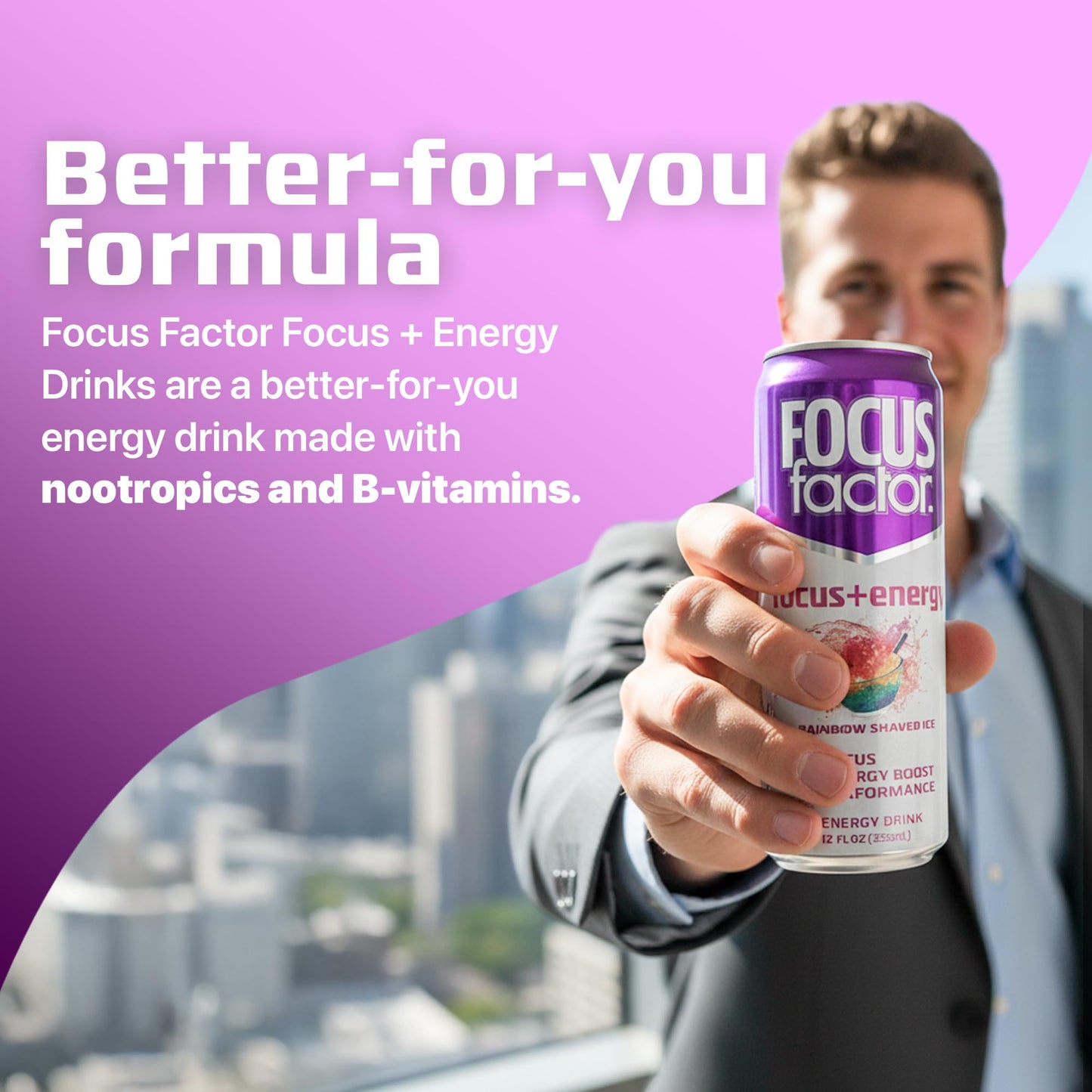 Focus Factor Energy Drink - 12 x 355ml Cans (Rainbow Shaved Ice Flavor) - with Focus + Energy - Lightly Carbonated, Sugar Free, Low Calorie