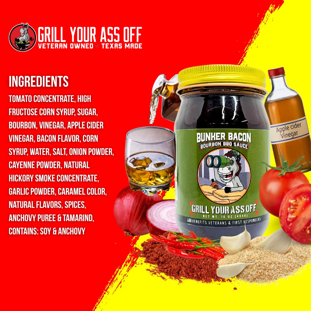 Grill Your As* Off Bunker Bacon Bourbon BBQ Sauce - 16oz Sweet, Smoky & Savory Barbecue Sauce for Beef, Ribs, Chicken & Pork - Gourmet Grilling