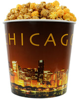 Signature Popcorn - Gourmet 1-Gallon Gold Chicago Skyline Reusable Plastic Bucket Tin, Perfect Duo (Cheddar Cheese & Caramel Popcorn Mix) - Holiday