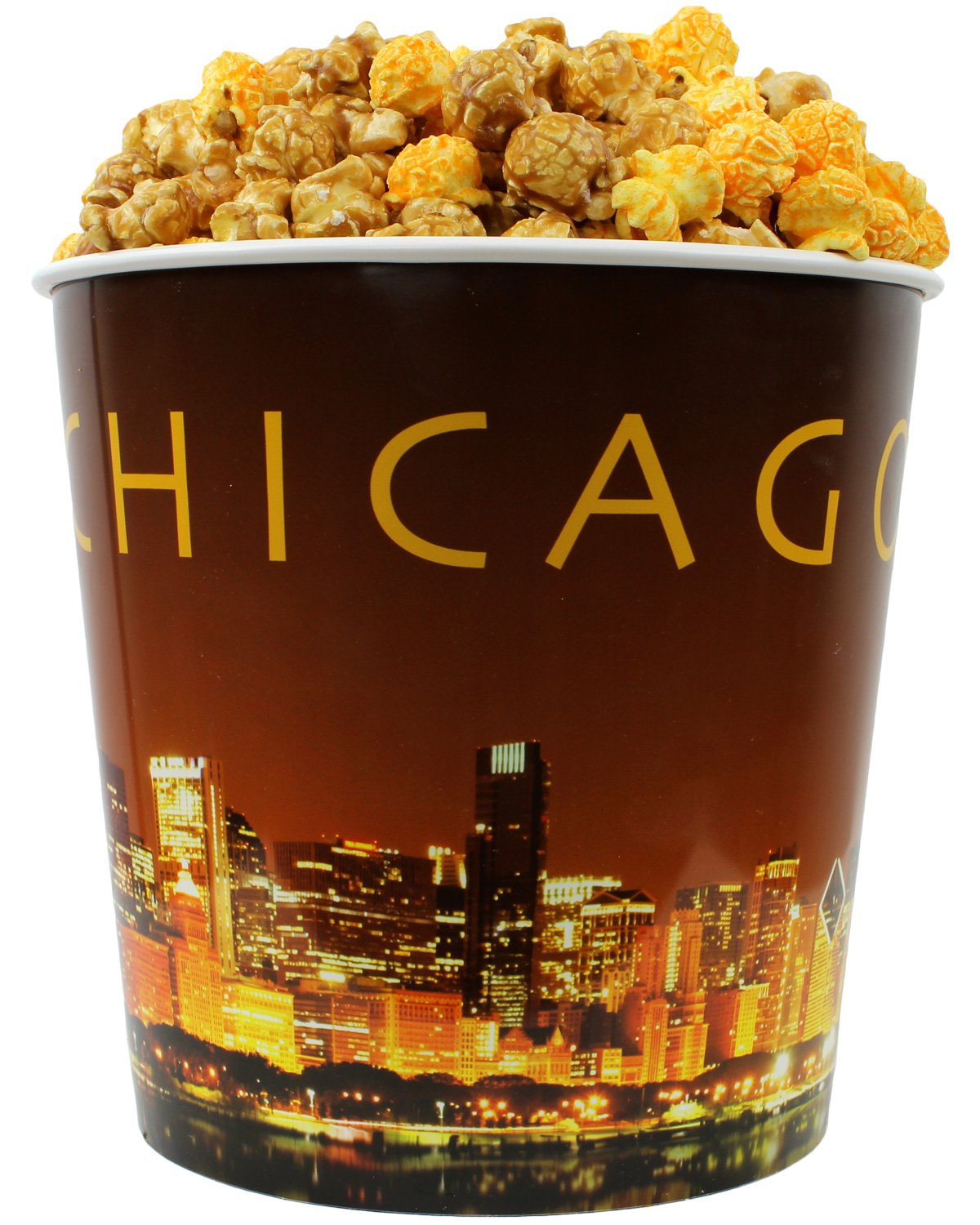 Signature Popcorn - Gourmet 1-Gallon Gold Chicago Skyline Reusable Plastic Bucket Tin, Perfect Duo (Cheddar Cheese & Caramel Popcorn Mix) - Holiday