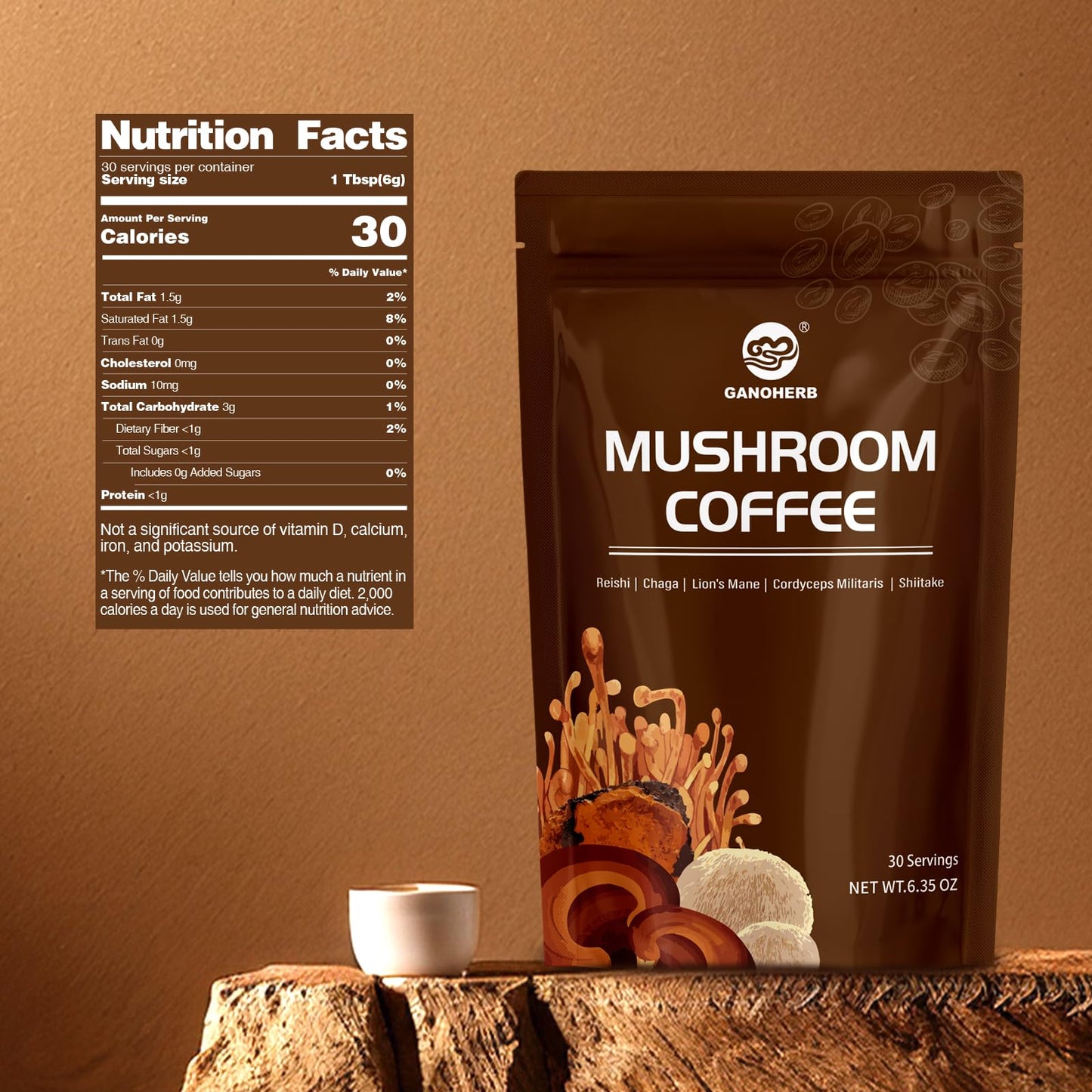 GANOHERB Instant Mushroom Coffee Powder, Arabica Coffee Mix with 5 Adaptogen Mushrooms, Lions Mane, Reishi, Chaga, Cordyceps, Shiitake and MCT Oil