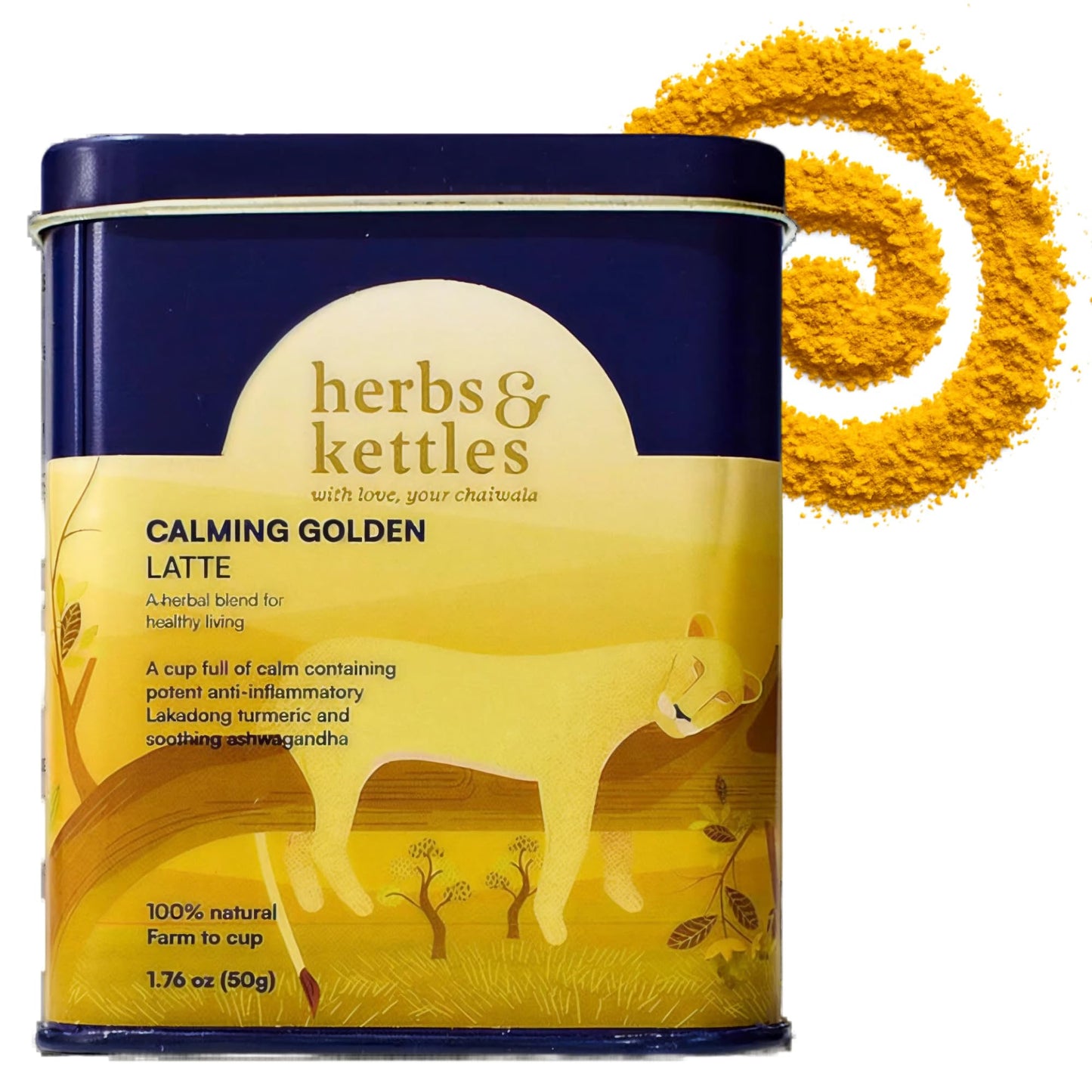 Herbs & Kettles Calming Golden Turmeric Latte | Caffeine-Free Blend with Turmeric, Ashwagandha & Spices | 25-30 servings | Ayurvedic Drink