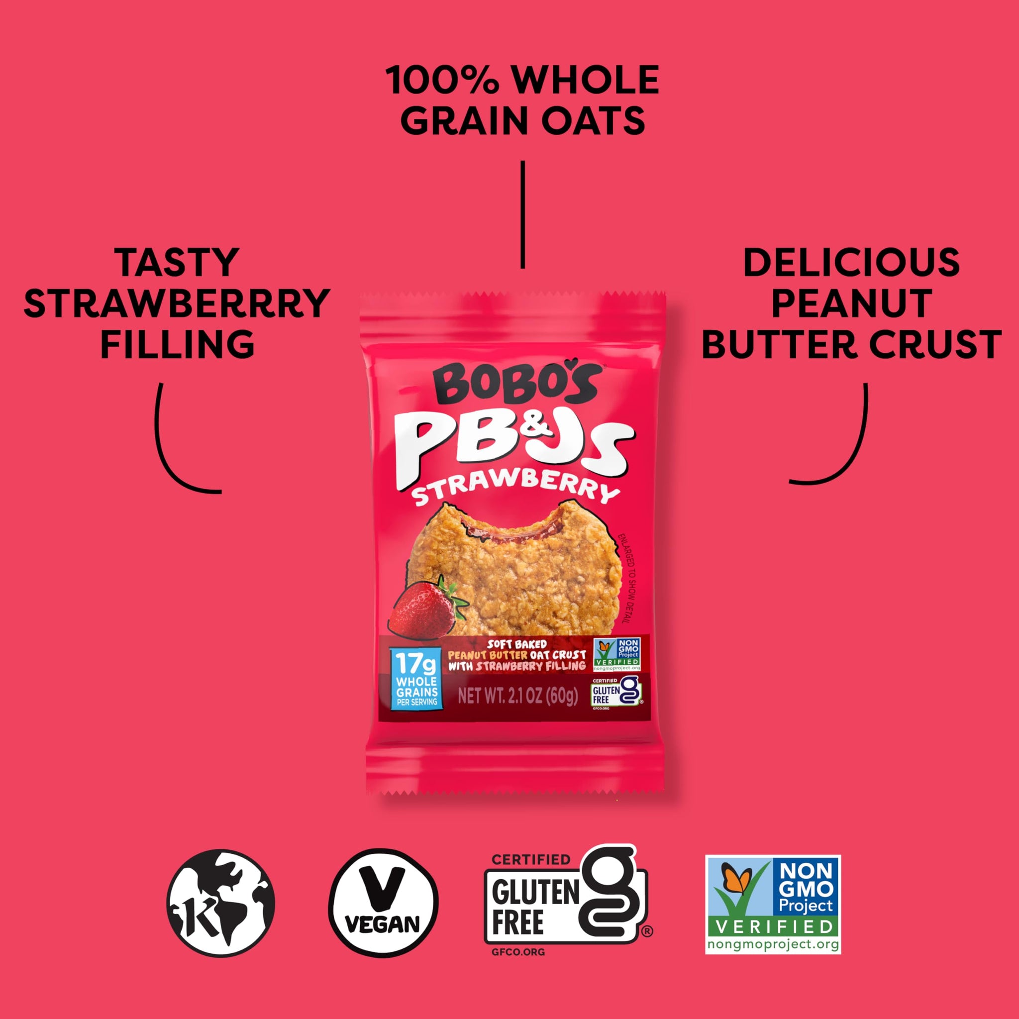 Bobo's Strawberry PB&J Oat Snacks, Simple Ingredients, Whole Grain Oats, Plant Based, Non-GMO, Gluten Free Breakfast Bars, Healthy Snacks for Adults