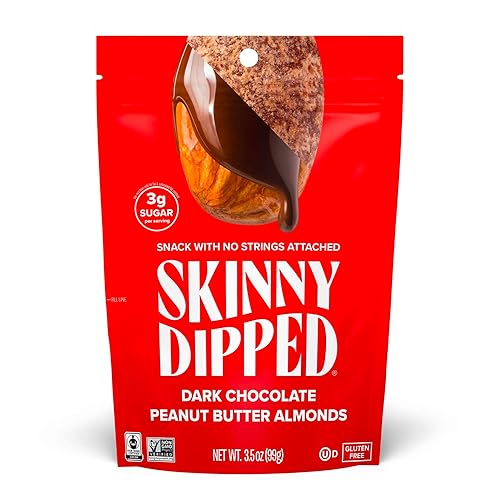 SkinnyDipped Dark Chocolate Peanut Butter Almonds, Healthy Snack, Plant Protein, Gluten Free, 3.5 oz Resealable Bags, Pack of 1