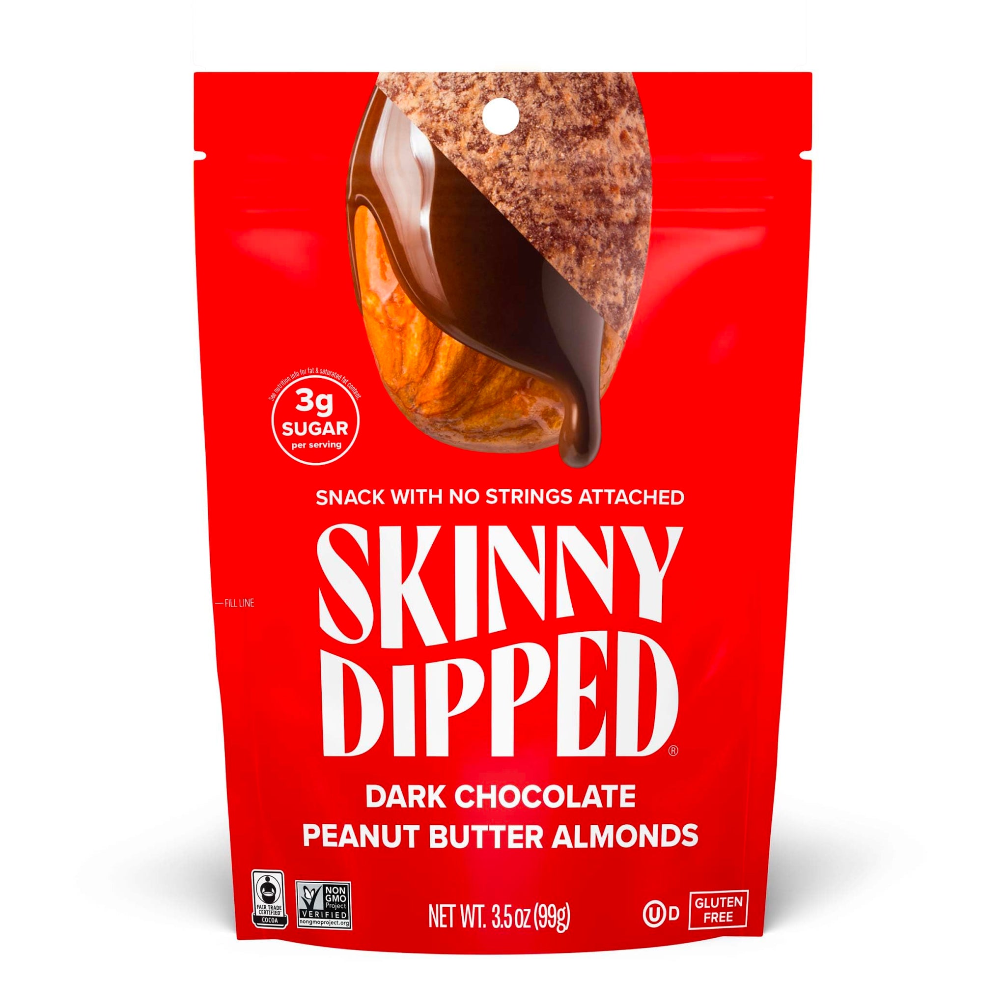 SkinnyDipped Dark Chocolate Peanut Butter Almonds, Healthy Snack, Plant Protein, Gluten Free, 3.5 oz Resealable Bags, Pack of 1