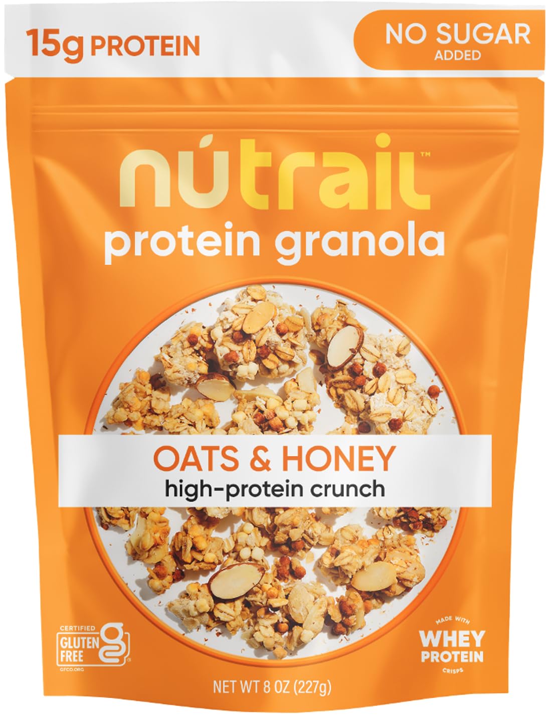 NuTrail 15g Protein Granola Cereal, Honey and Oats, No Sugar Added, Gluten Free, Made with Whey, 8 oz. 1 Count