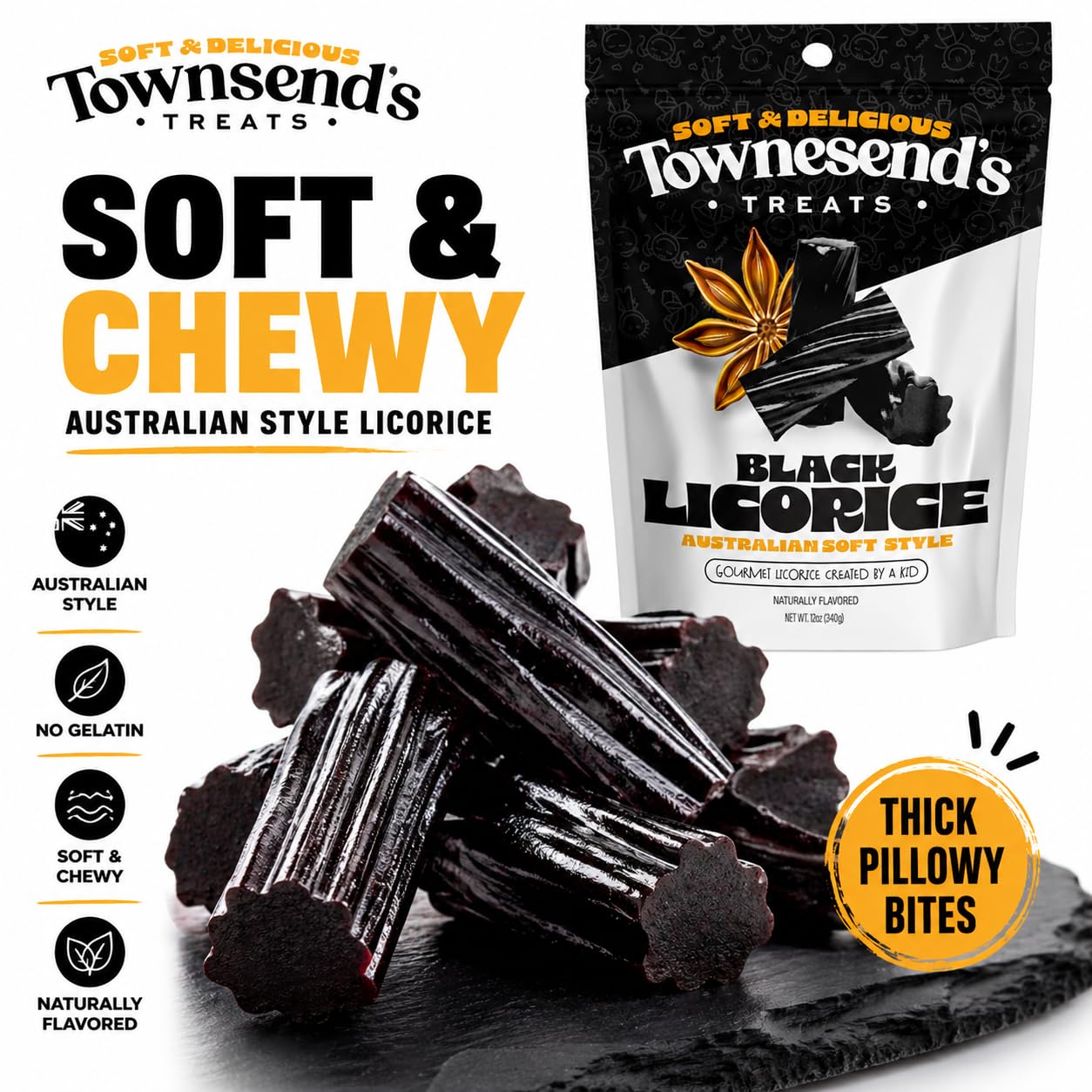 Townesend’s Treats Soft & Chewy Black Licorice Candy Bites (1 Pack) - Australian Style Thick Gourmet Licorice - Rich Bold Flavor, Pillowy Texture
