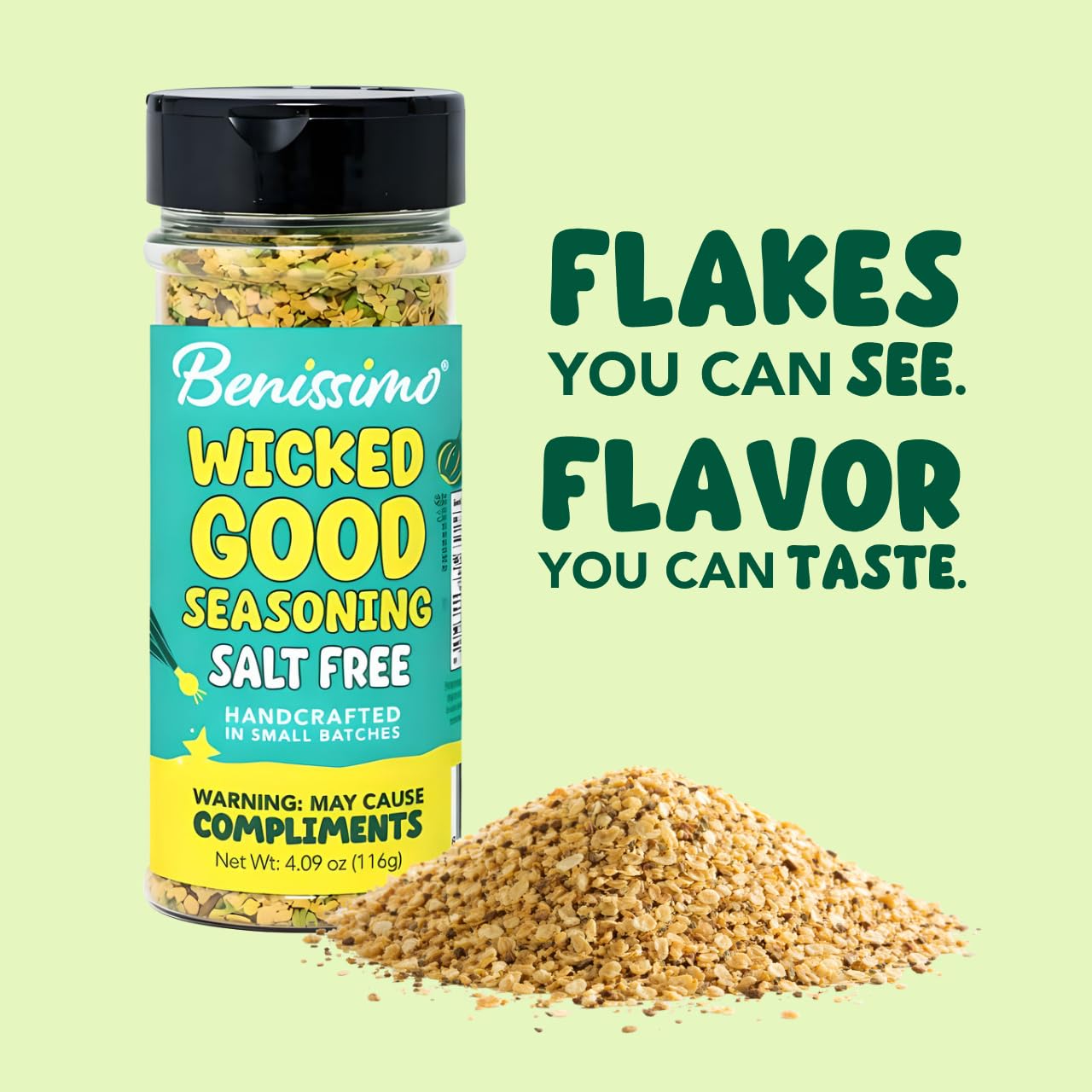 Benissimo Salt Free All Purpose Seasoning, Flake & Granule Blend for Meats, Poultry, Seafood, Vegetables, Potatoes & Everyday Cooking with Pet Shaker