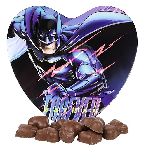 Batman Heart Tin, Milk Chocolatey Hearts Inside, Individually Wrapped Pieces, Festive Candy Gift, 2.12 Ounces