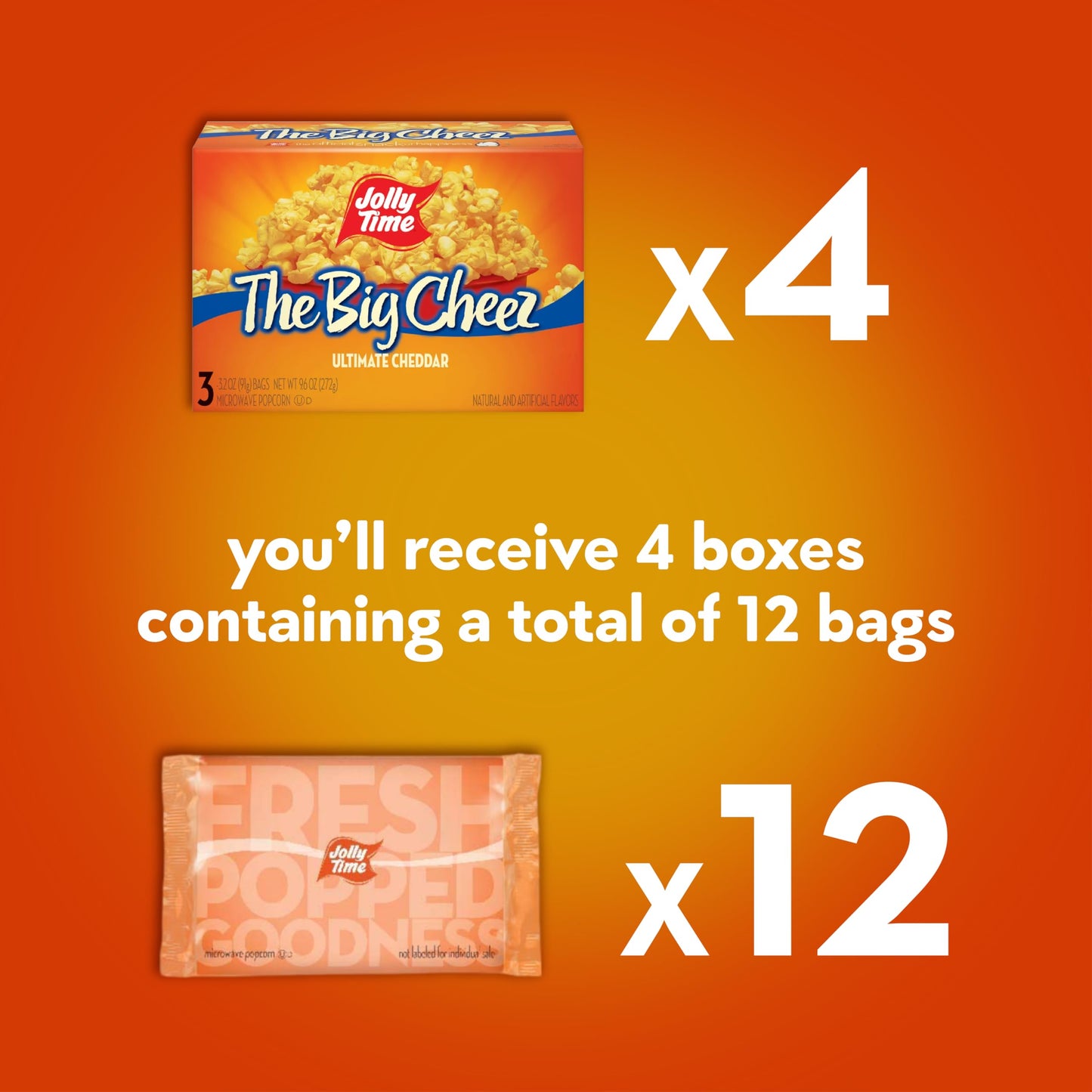 Jolly Time The Big Cheez, Cheddar Cheese Microwave Popcorn, 3.2oz Sharing Bag, 3 Bags Per Carton (The Big Cheez, 3.2 Ounce (Pack of 12))