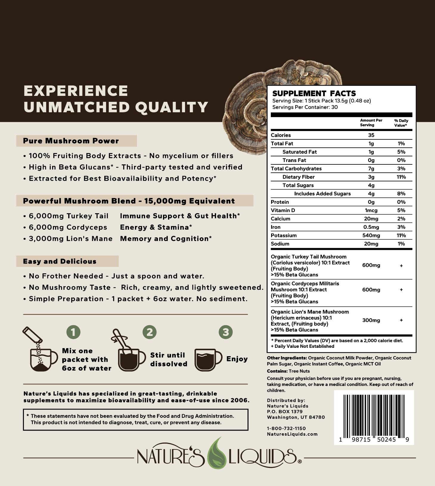 Nature's Liquids Ultimate Mushroom Coffee Latte - 15,000 mg Organic Fruiting-Body Mushrooms per Serving - Lion's Mane, Turkey Tail, Cordyceps - Focus