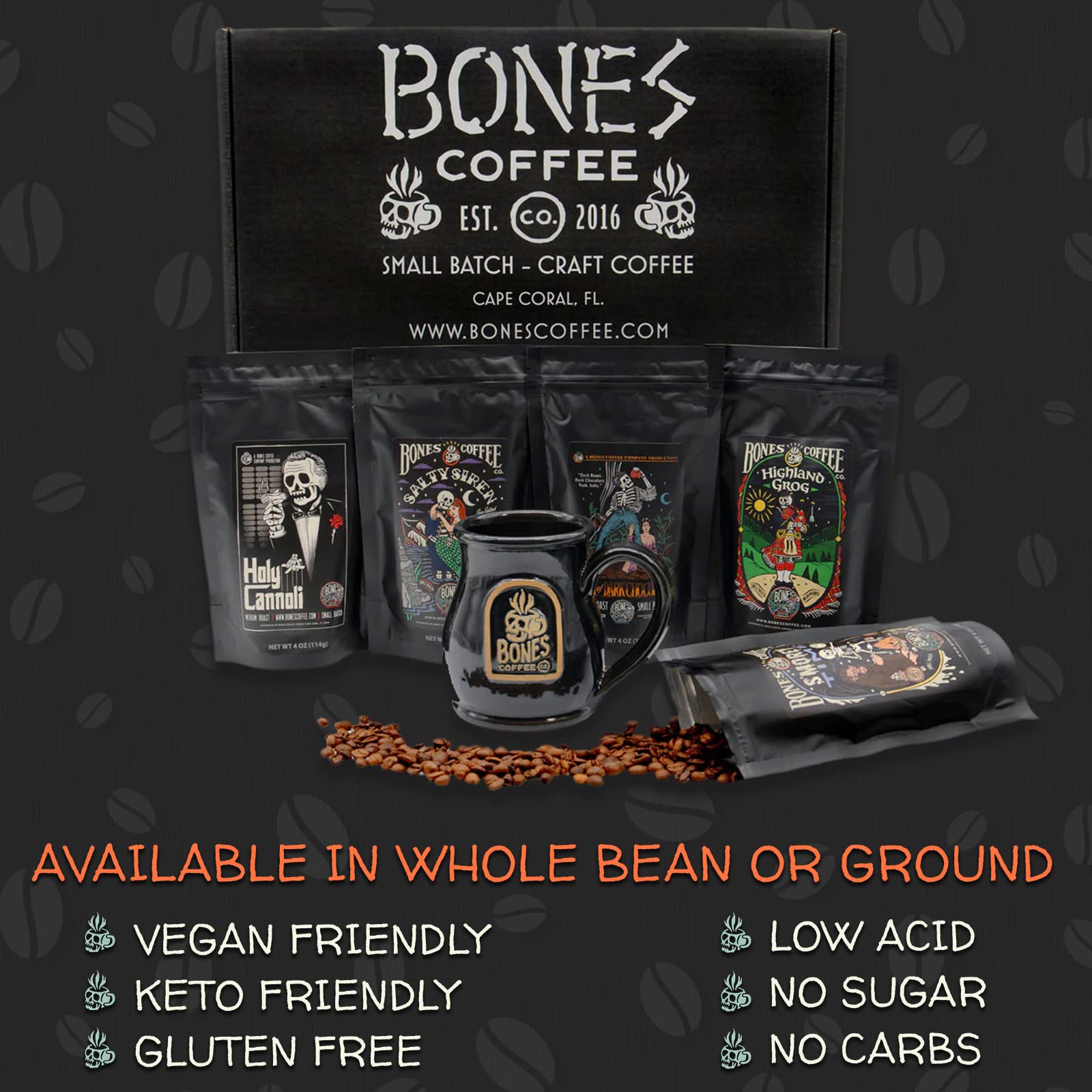 Bones Coffee Company Favorite Flavors Sample Pack Box Set with Specialty Coffee Mug, 5 Assorted Single-Origin Low Acid Medium Roast Arabica Beans