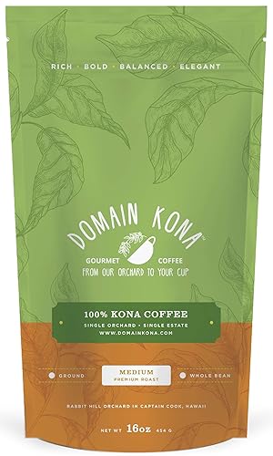 100% Kona Coffee - GROUND, Medium roast, Single estate gourmet coffee, 16 ounces, Farm fresh roasted from Domain Kona Coffee