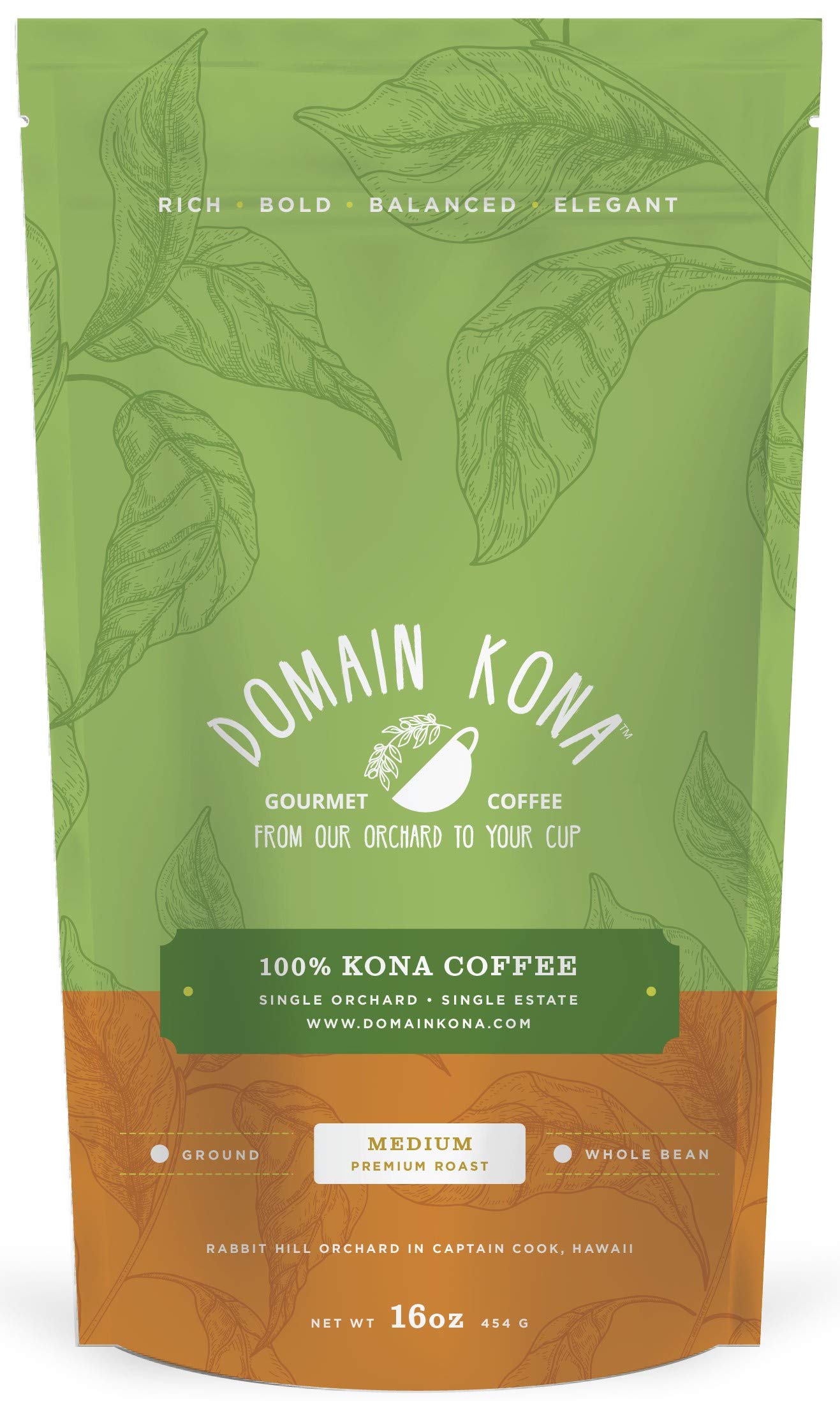 100% Kona Coffee - GROUND, Medium roast, Single estate gourmet coffee, 16 ounces, Farm fresh roasted from Domain Kona Coffee