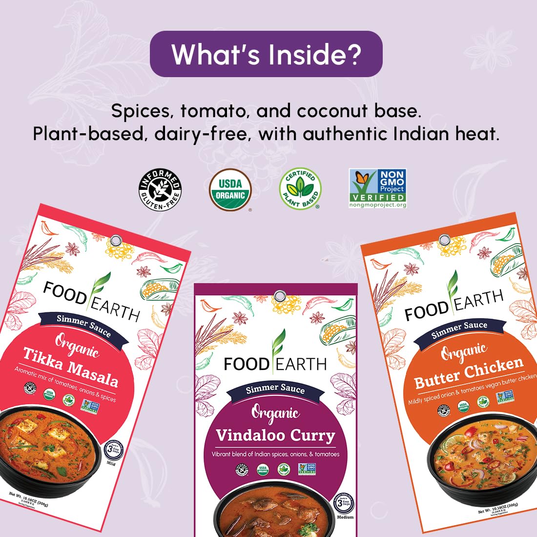 Food Earth Indian Simmer Sauce Trio - Vindaloo, Butter Chicken, Tikka Masala - Organic, Vegan, Gluten-Free, GMO-Free - 6 Prepackaged Pouches (5.29 oz
