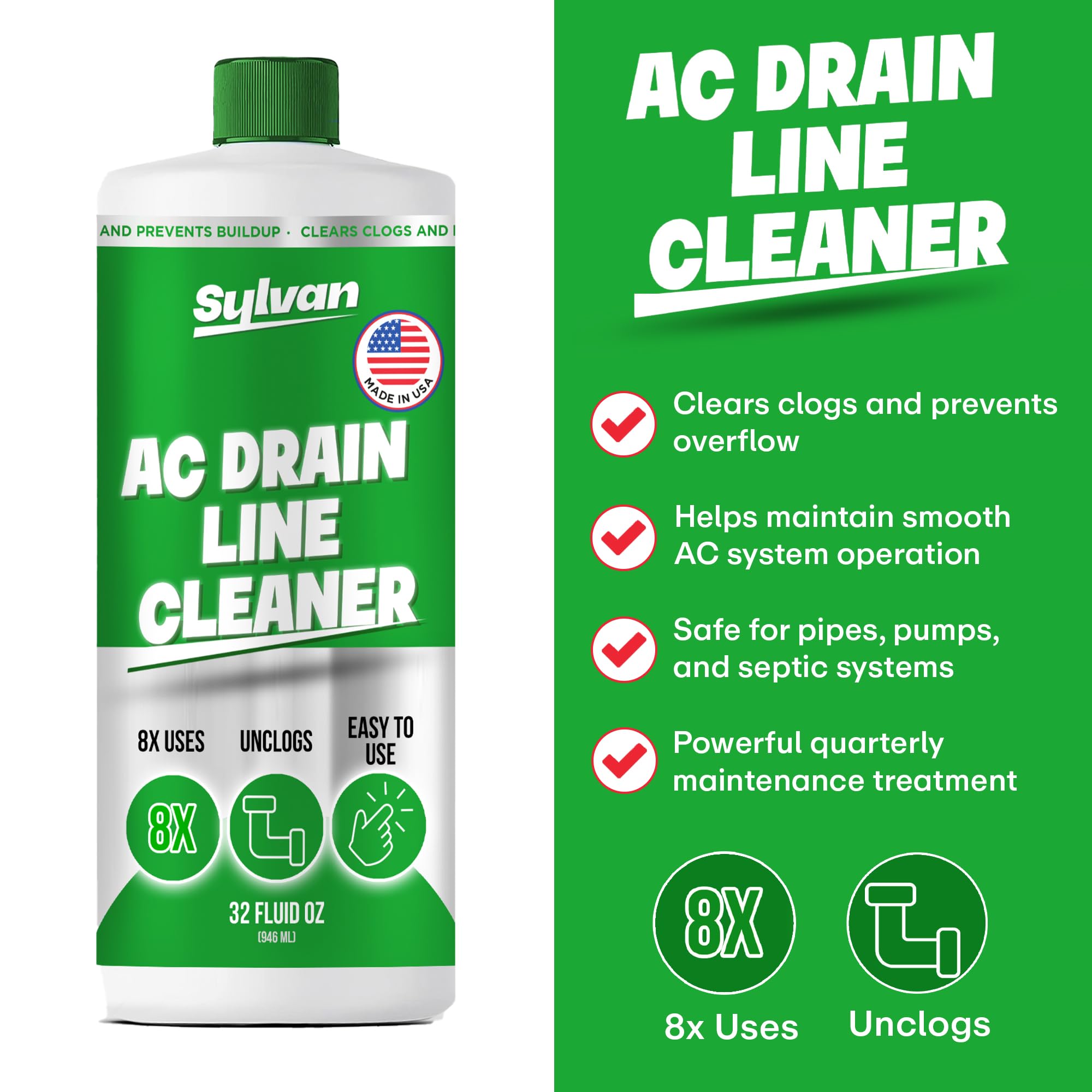 Sylvan Hills AC Drain Line Cleaner | Free Drain Brush | 32 Oz | 12 Month Supply | US Made | Universal Compatibility | Removes Clogs and Buildup from