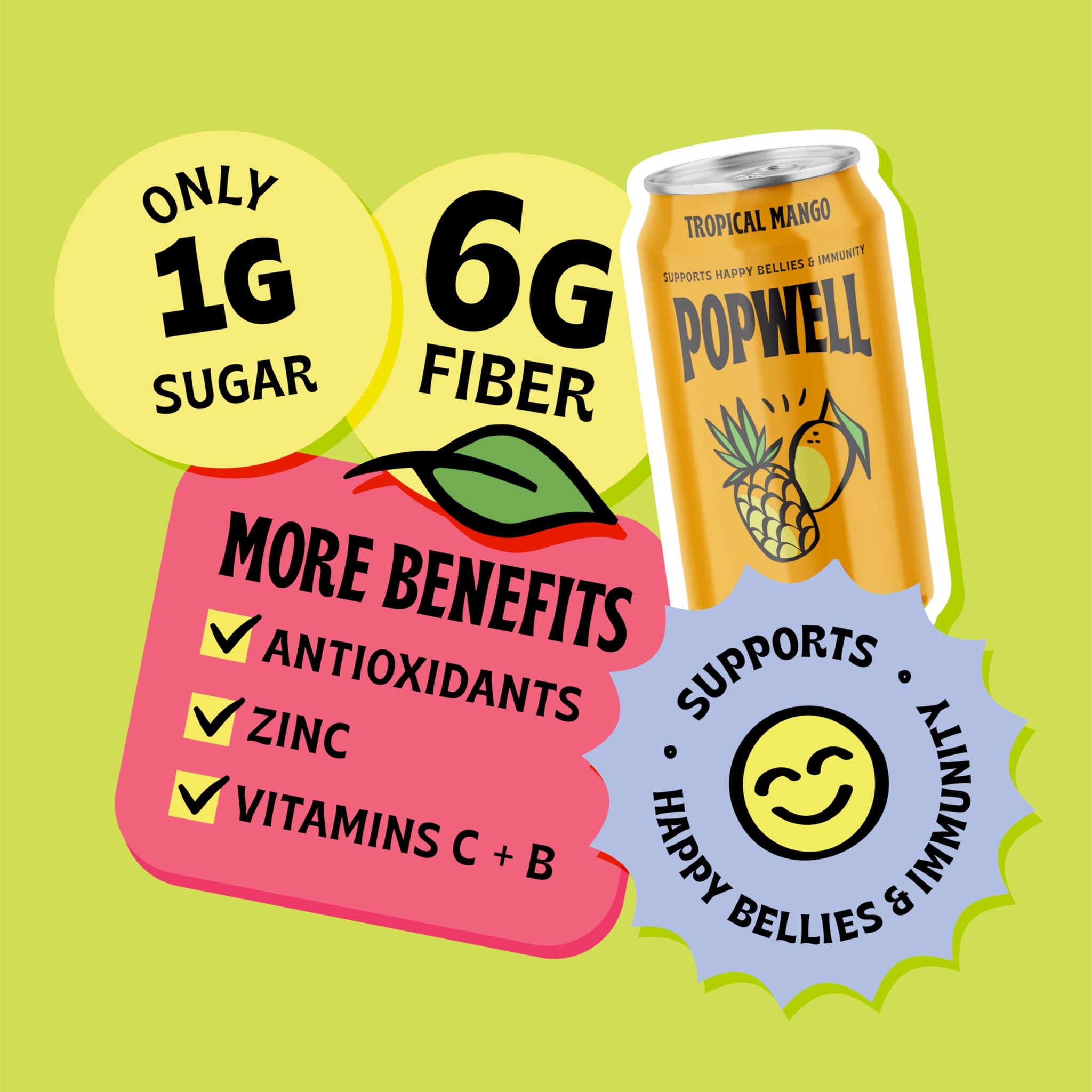 Popwell Tropical Mango Better-For-You Prebiotic Soda, with 6g Fiber, 1g Sugar, Vitamins and Immunity Support, 12 fl oz Cans (pack of 12)