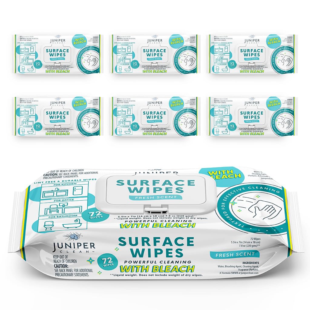 Juniper CLEAN 6 Pack Surface Cleaning Wipes with Bleach, All-Purpose Cleaner for Bathroom, Kitchen, Office, 72 Count Soft Flow, Fresh Scent, Lint Free