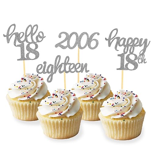 24 Pcs Glitter 18th Birthday Cupcake Toppers for Celebrating 18th Birthday Party Decorations for Eighteen Years Old Birthday Party Supplies (Silver)