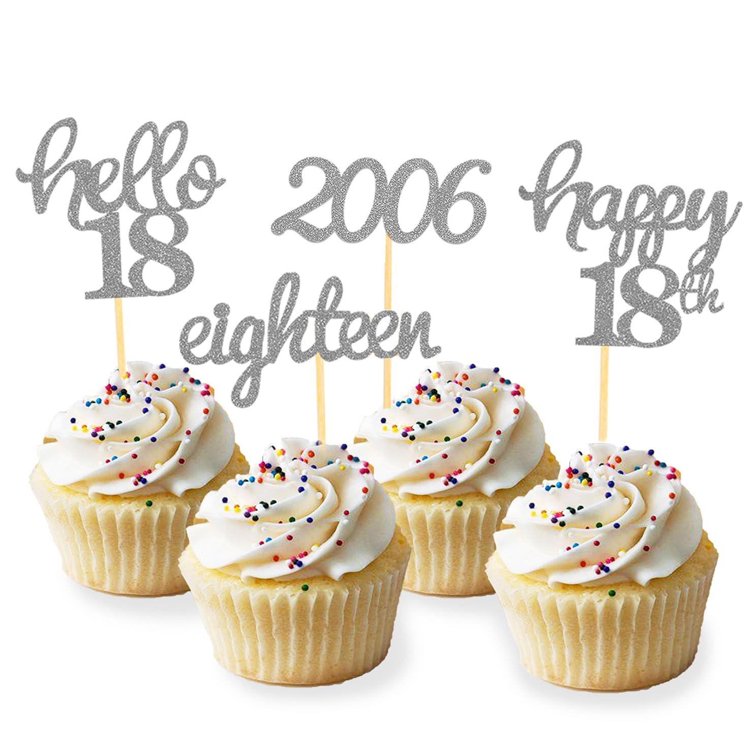 24 Pcs Glitter 18th Birthday Cupcake Toppers for Celebrating 18th Birthday Party Decorations for Eighteen Years Old Birthday Party Supplies (Silver)
