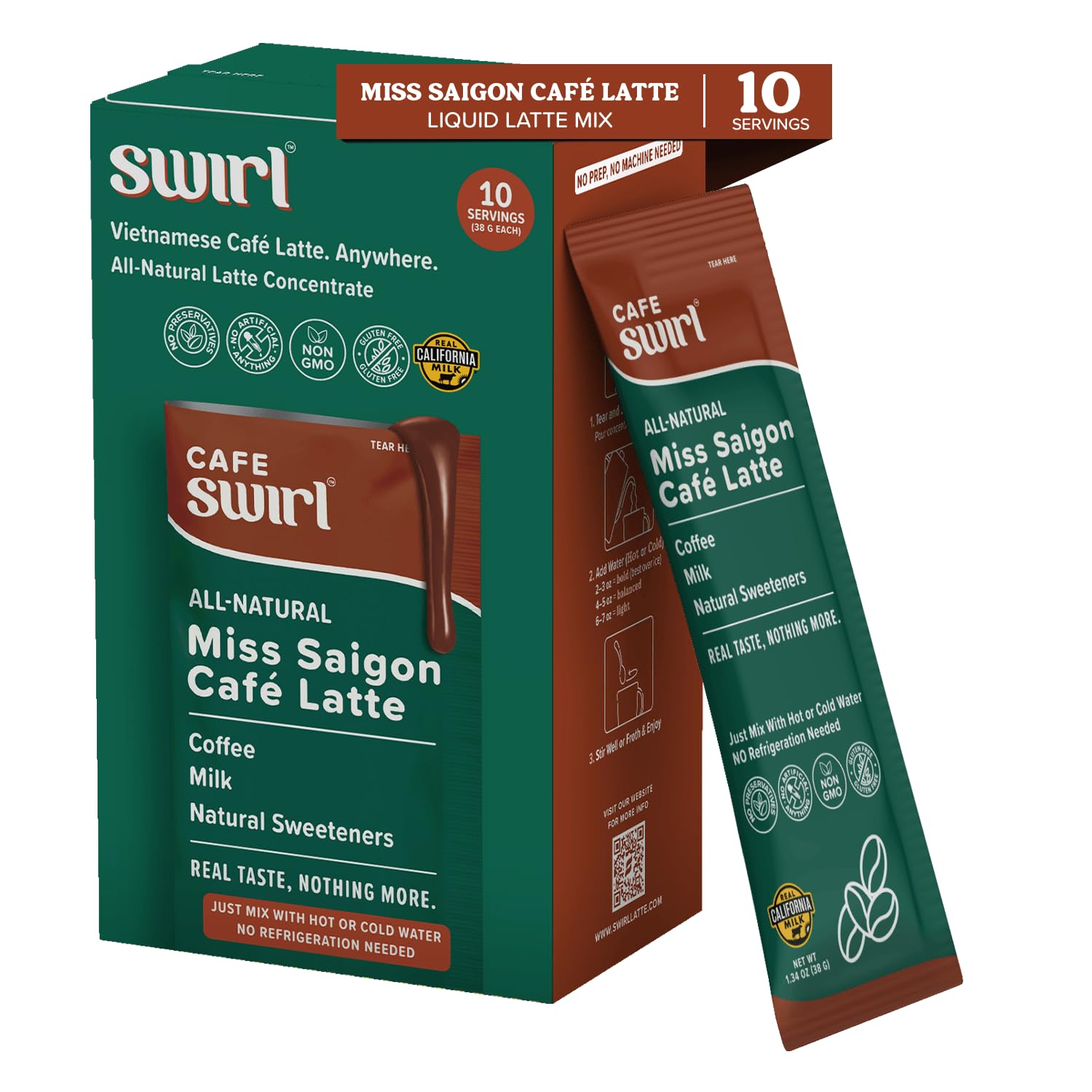 Swirl - Miss Saigon Cafe Latte - Vietnamese Inspired Espresso, Milk Blend, Single Serve, Smooth, Sweet, Balanced, No Fridge - 38g per pack 10 packets