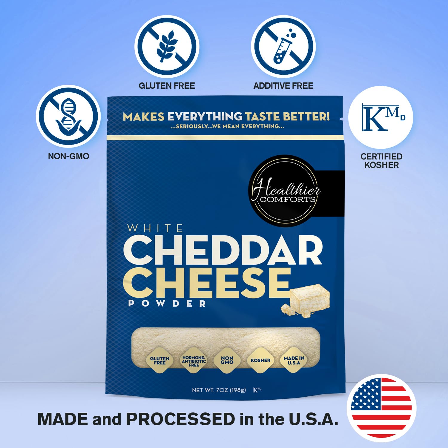 Healthier Comforts White Cheddar Cheese Powder | Gluten Free, Kosher, Keto-Friendly, Non-GMO, Antibiotic & Hormone Free | Perfect for Popcorn