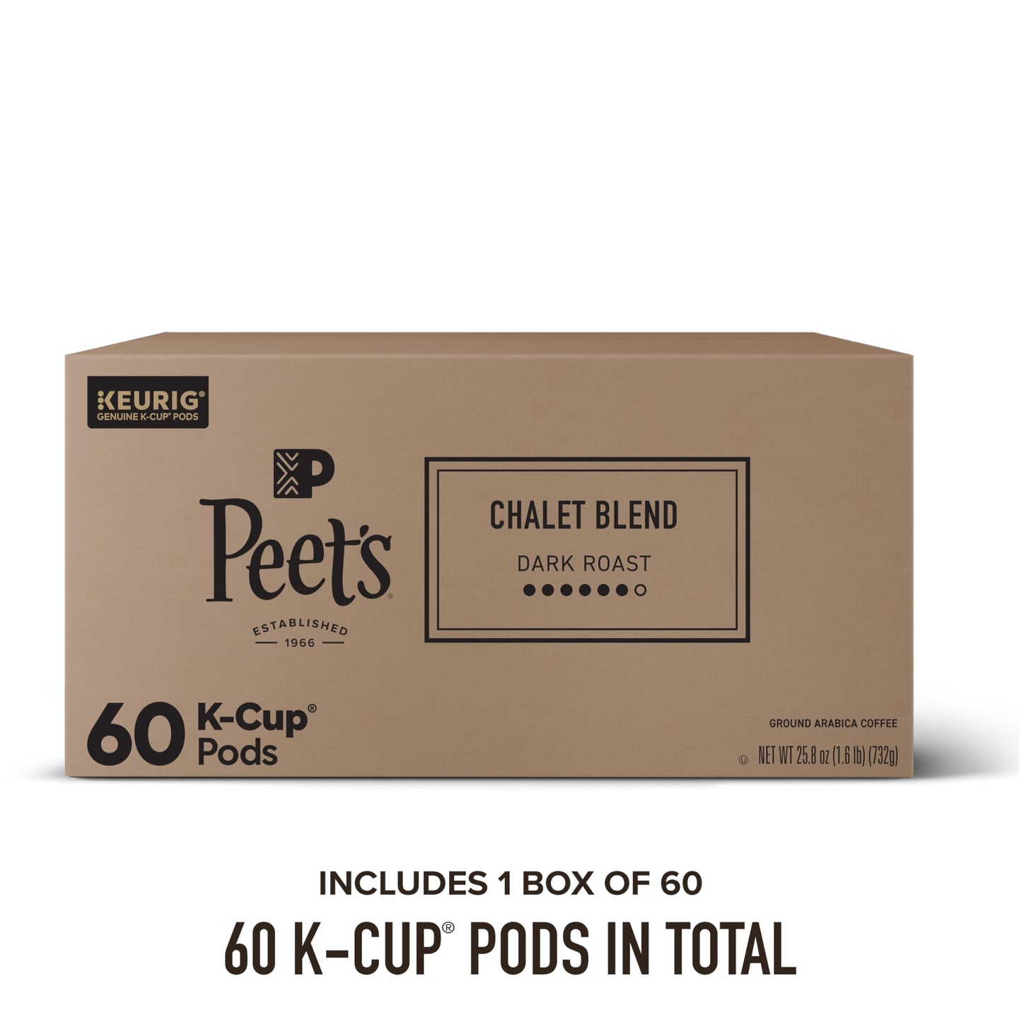 Peet's Coffee, Dark Roast Keurig K-Cup Pods, 100% Arabica Coffee - Chalet Blend 60 Count (1 Box of 60 K-Cup Pods)