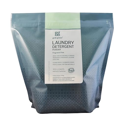 Grab Green 3-in-1 Laundry Detergent Powder, 4lbs -100 Loads, Fragrance Free, Plant and Mineral Based, Superior Cleaning Power, Stain Remover