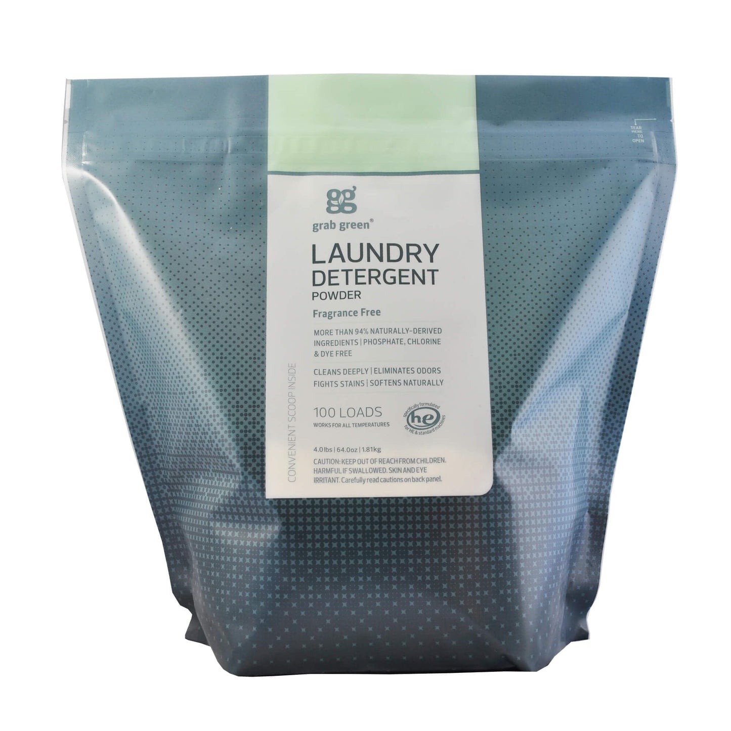 Grab Green 3-in-1 Laundry Detergent Powder, 4lbs -100 Loads, Fragrance Free, Plant and Mineral Based, Superior Cleaning Power, Stain Remover