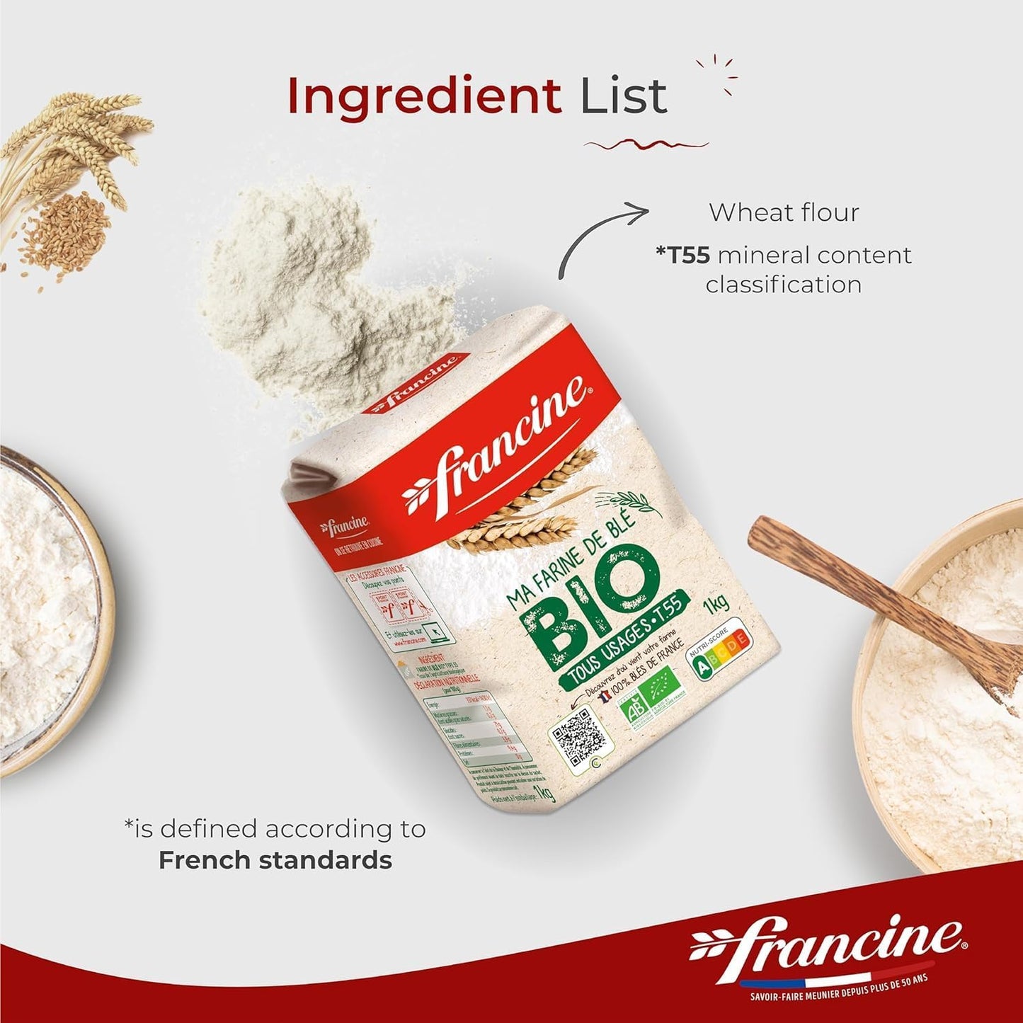 Francine Organic Wheat Flour, T55 Bio French Flour from France with Lower Gluten Content, Makes Great Breads, Pastries and Desserts, 35.3oz/1 kg (Pack