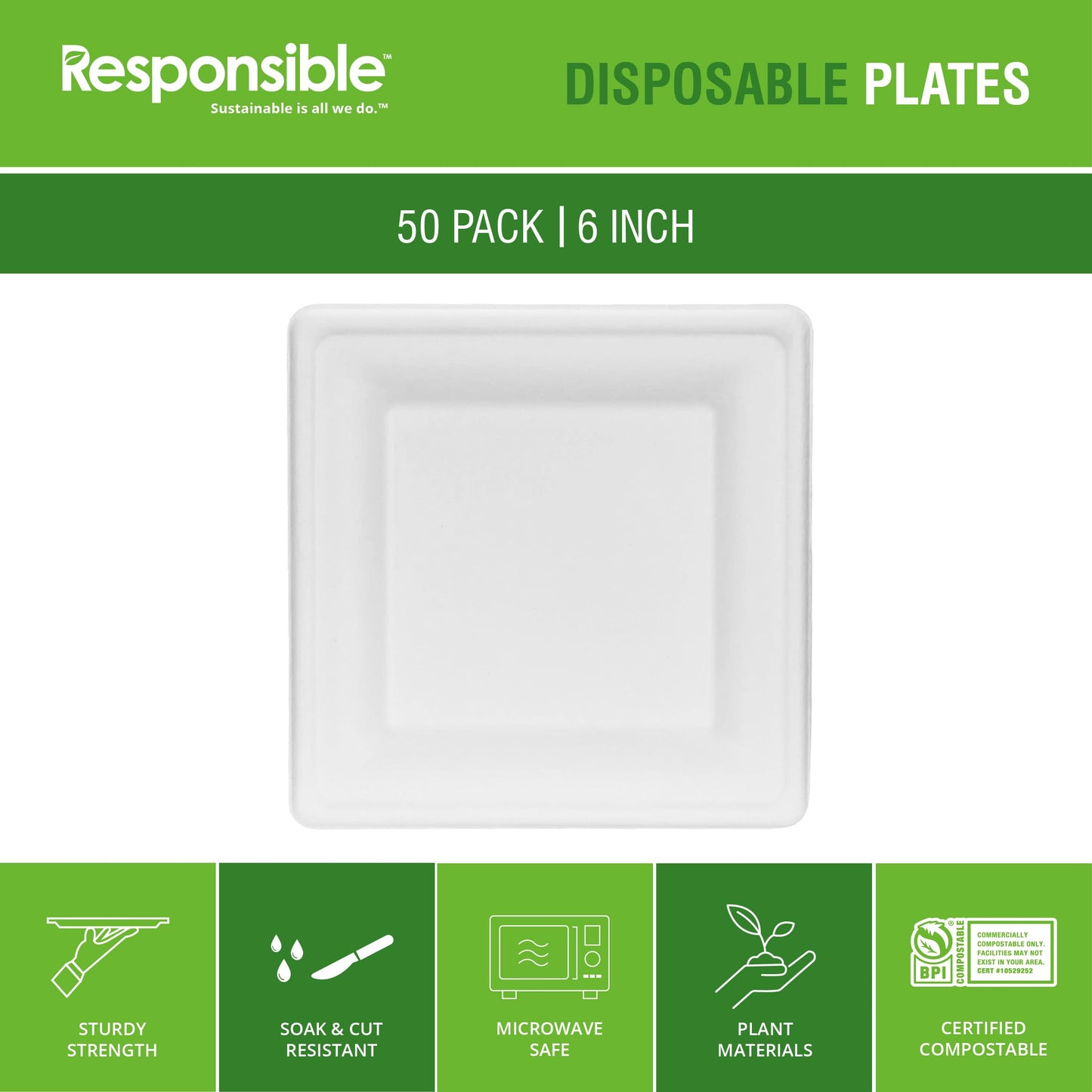 Responsible Products 100% Compostable 6 Inch Square Paper Plates White (50 Pack), Disposable Paper Plates Heavy Duty, Biodegradable & Eco-Friendly