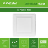 Responsible Products 100% Compostable 6 Inch Square Paper Plates White (50 Pack), Disposable Paper Plates Heavy Duty, Biodegradable & Eco-Friendly