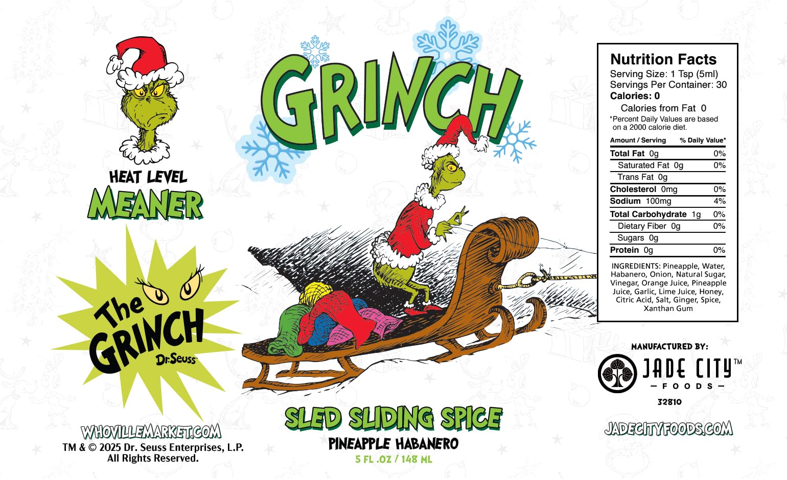 JADE CITY FOODS Grinch Hot Sauce - Sled Sliding Spice: Pineapple Habanero Hot Sauce