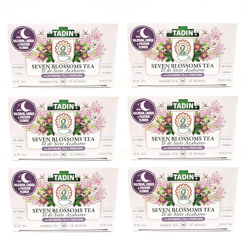 Tadin Seven Blossoms Herbal Tea Blend. Relaxation and Ease of Rest. Improves Digestion. High in Antioxidants. 24 Bags. 1.01 oz. Pack of 6