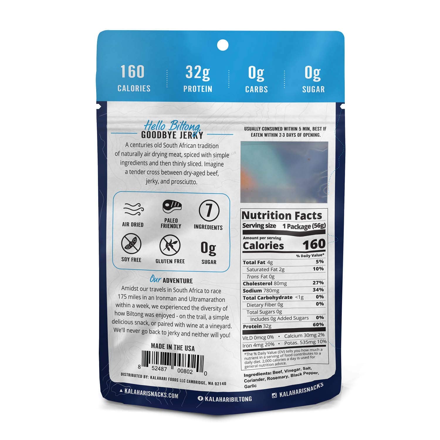 Garlic Kalahari Biltong, Air-Dried Thinly Sliced Beef, 2oz (Pack of 8), Sugar Free, Gluten Free, Keto & Paleo, High Protein Snack