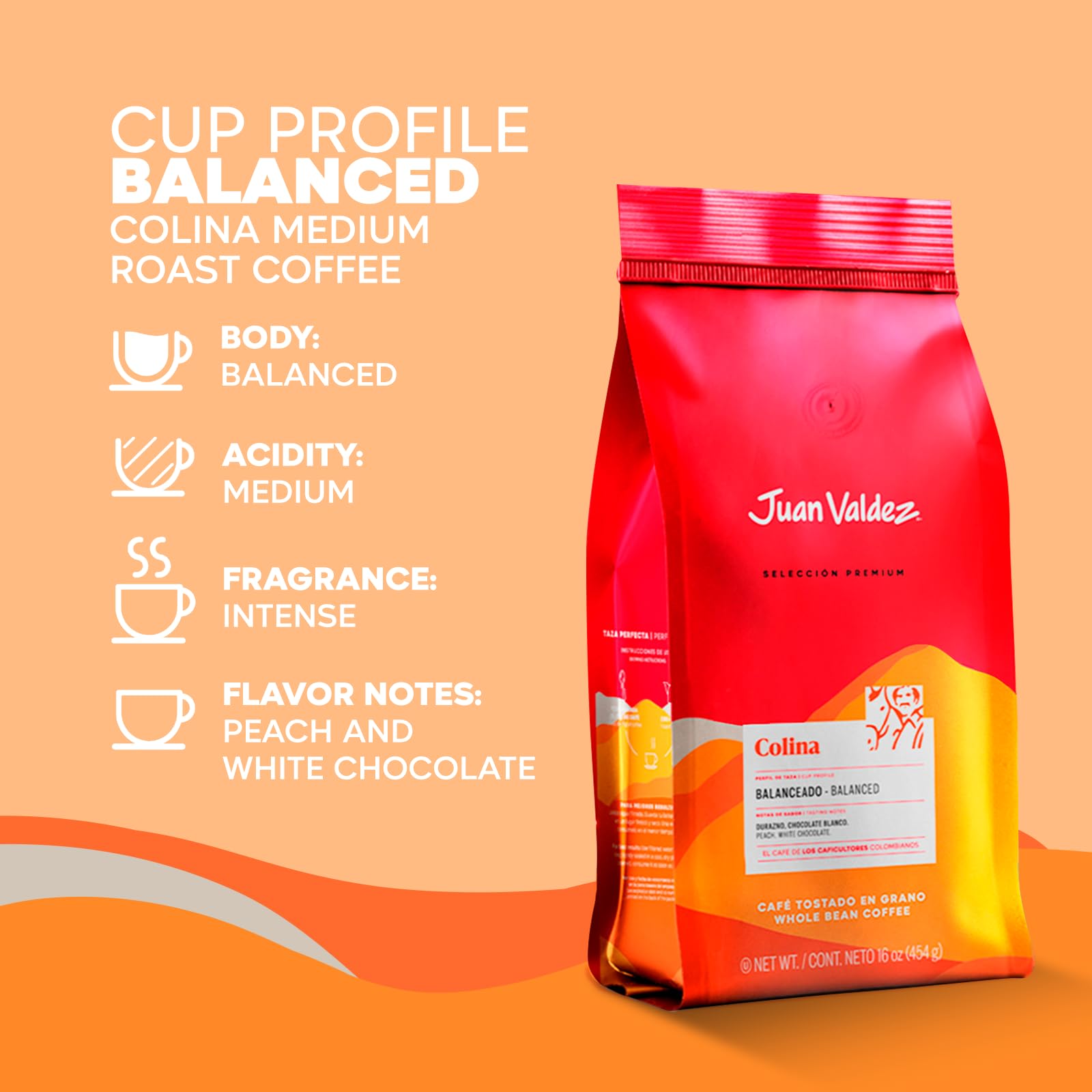Juan Valdez Colina Whole Bean Coffee - Medium Roast | 16 oz - 100% Colombian Coffee | Unique “Caracolito” Beans with Peach & White Chocolate Notes