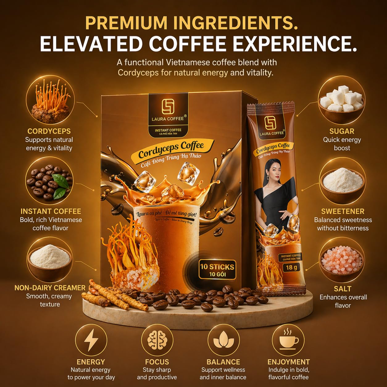 Laura Cordyceps Mushroom Coffee, Vietnamese Instant Coffee 3 in 1, Energy Focus Coffee Mix, 10 Sachets, Strong Coffee Flavor