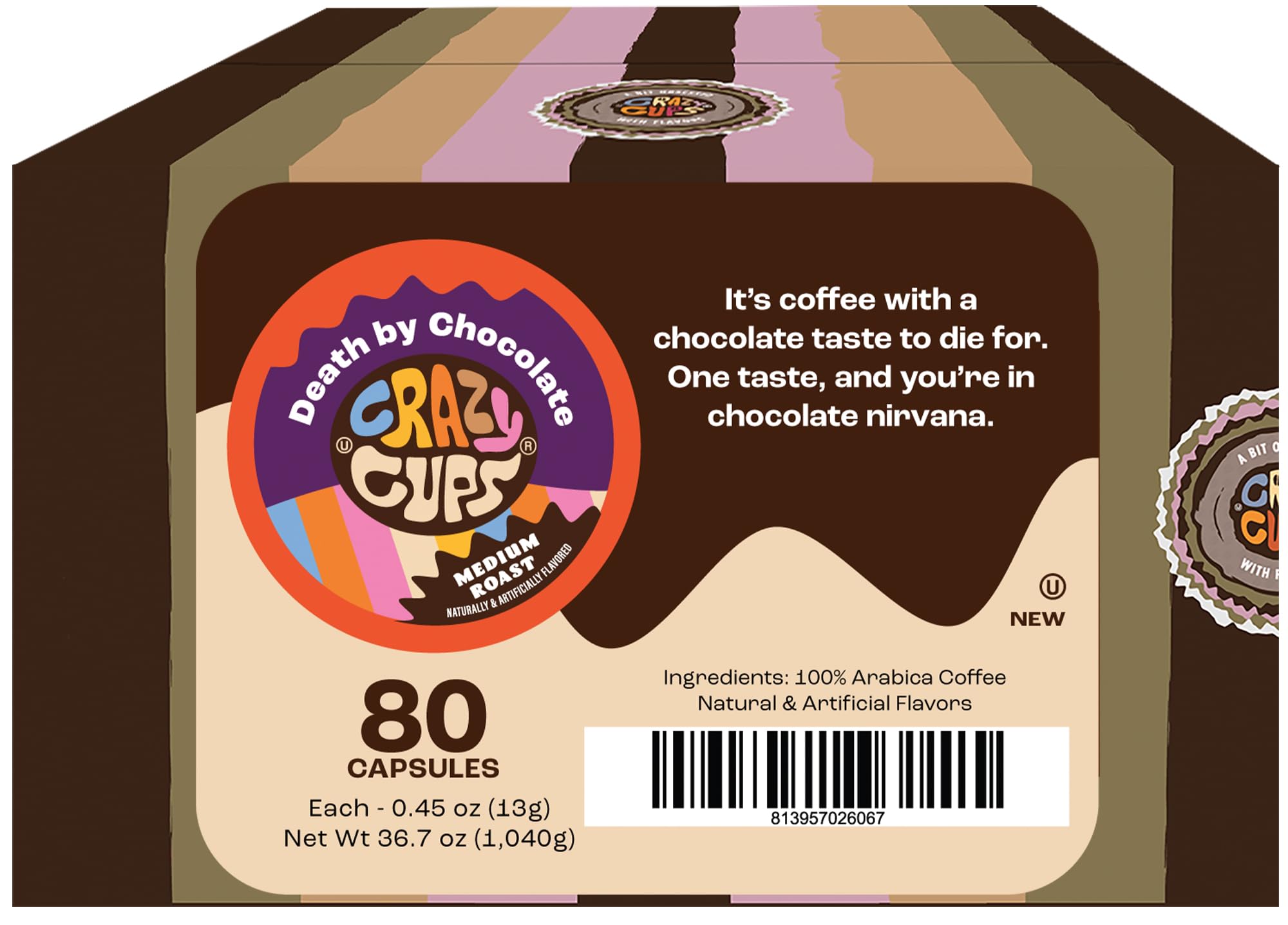 Crazy Cups Flavored Coffee for Keurig K-Cup Machines, Death By Chocolate, Hot or Iced Coffee, 80 Single Serve, Recyclable Pods(Pack of 1)