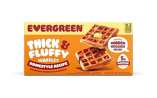 Evergreen Thick & Fluffy Waffles, Homestyle Recipe - Whole Grains, No Preservatives, Nut-Free, Individually Wrapped, Air Fryer Ready, Frozen