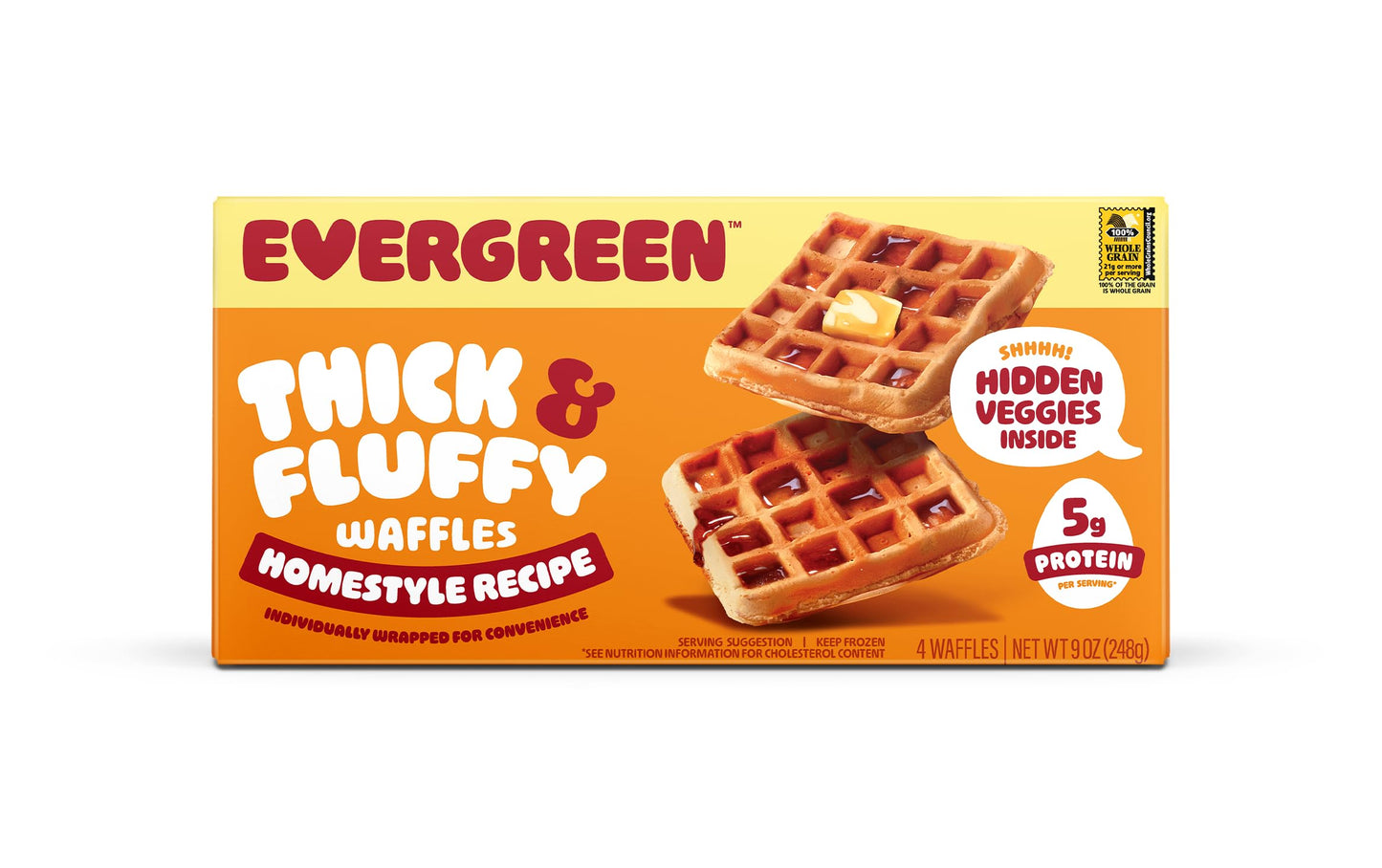Evergreen Thick & Fluffy Waffles, Homestyle Recipe - Whole Grains, No Preservatives, Nut-Free, Individually Wrapped, Air Fryer Ready, Frozen
