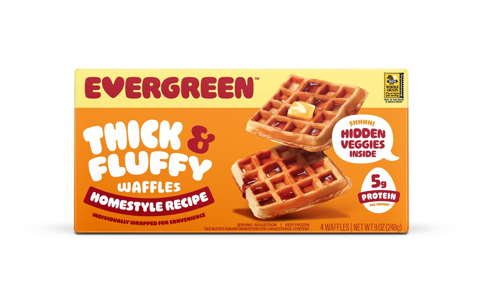 Evergreen Thick & Fluffy Waffles, Homestyle Recipe - Whole Grains, No Preservatives, Nut-Free, Individually Wrapped, Air Fryer Ready, Frozen