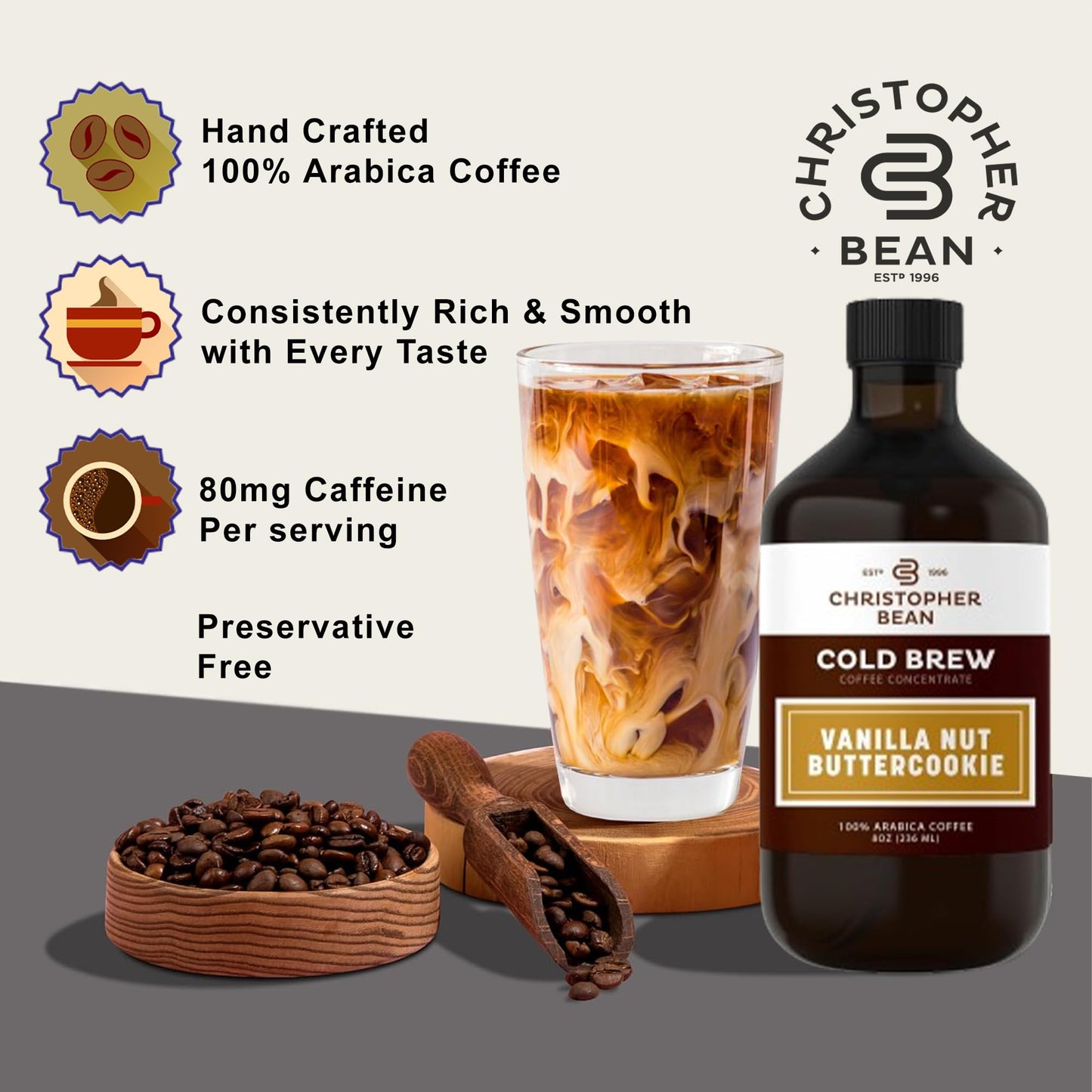 Christopher Bean Hand Crafted Vanilla Nut Butter Cookie Flavored Coffee - Unsweetened Cold Brew & Iced Instant Coffee Distillate Liquid Java - Butter