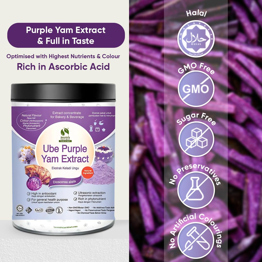Bionutricia Ube Purple Yam Extract Powder 20:1, 7oz - High Concentration, Natural Non-GMO Ube Powder for Beverages, Pastries & Baking, No Artificial
