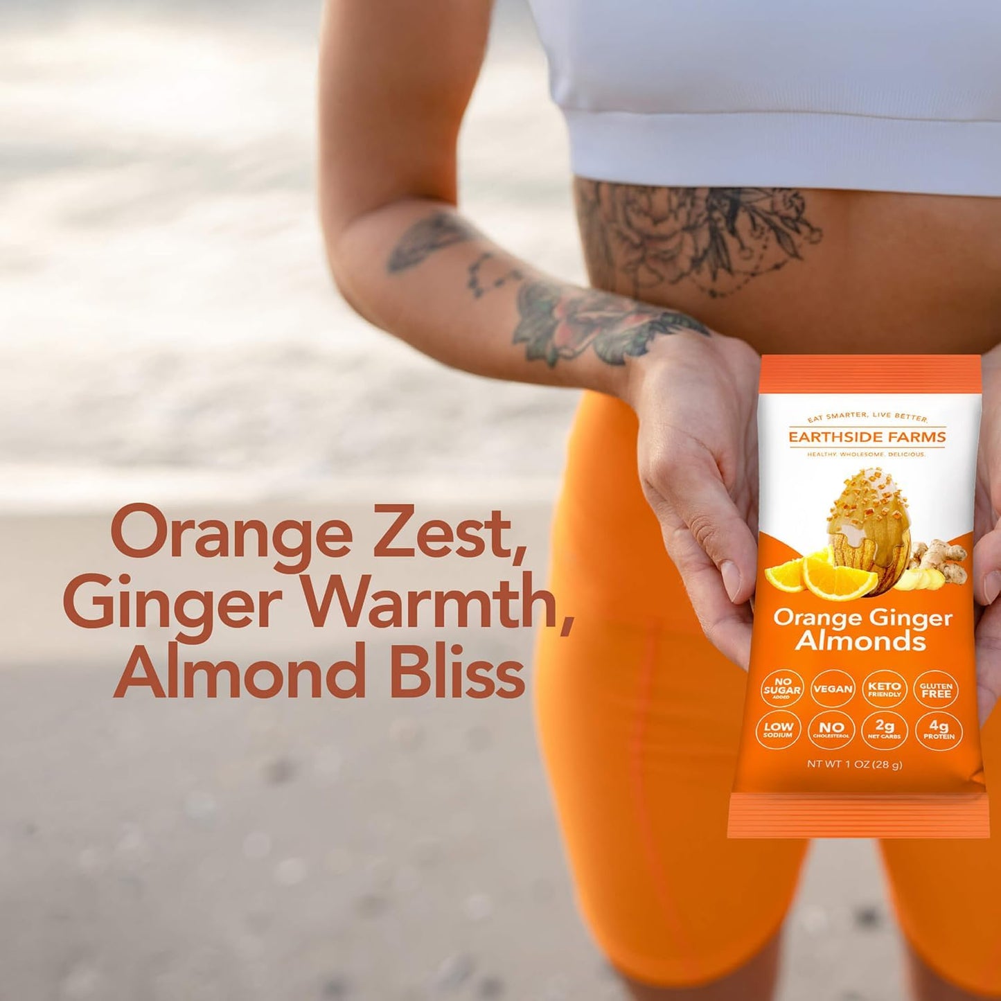 Earthside Farms Orange Ginger Almonds Snack Packs, No Sugar Added Keto Friendly Nuts, Vegan Gluten Free Non GMO Low Carb Snack, Plant Protein Treat