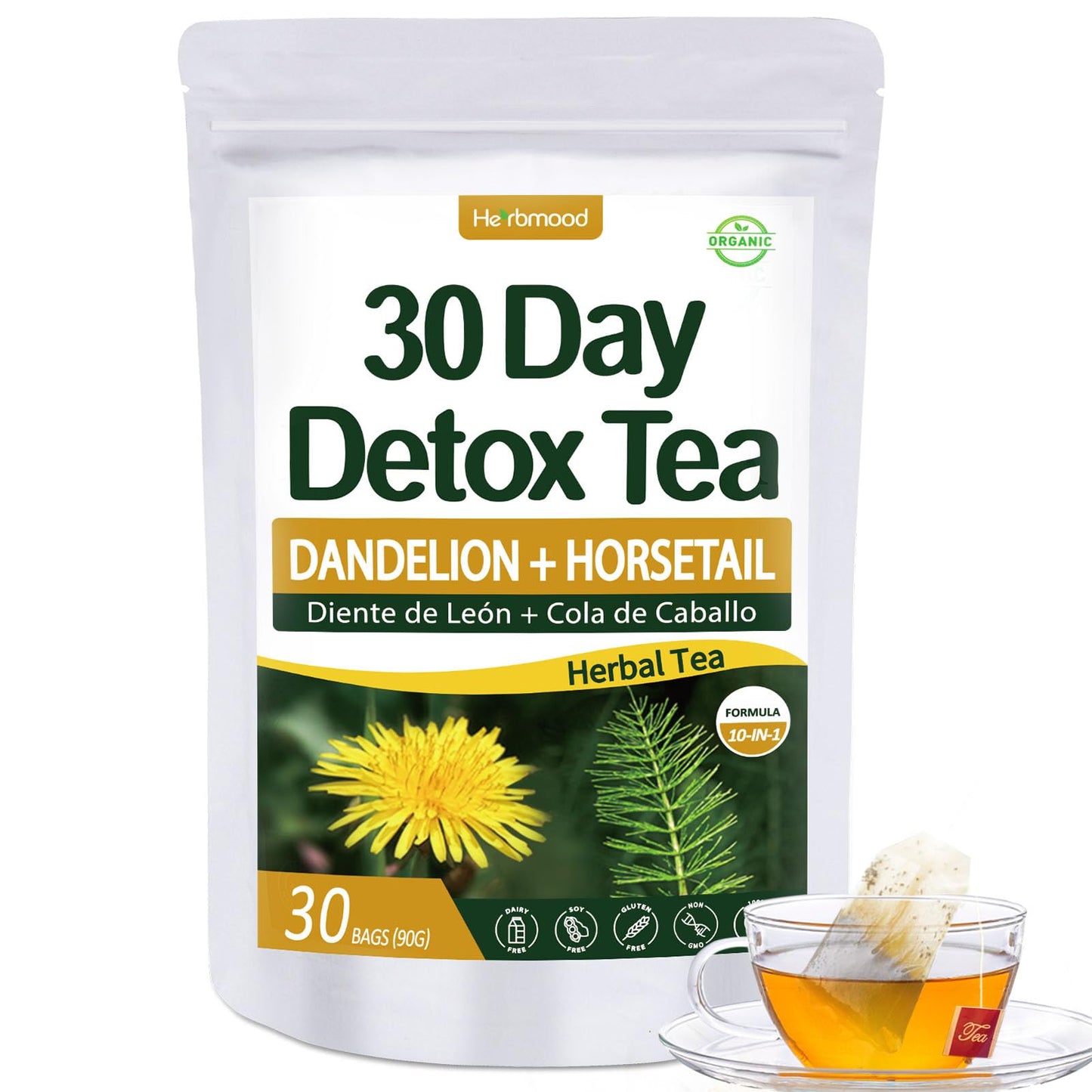 Herbmood 30 Day Detox Tea for body Cleanse, Te de Diente de Leon & cola de caballo Organico Natural, Limpieza de Colon y Desintoxicar, Digestive