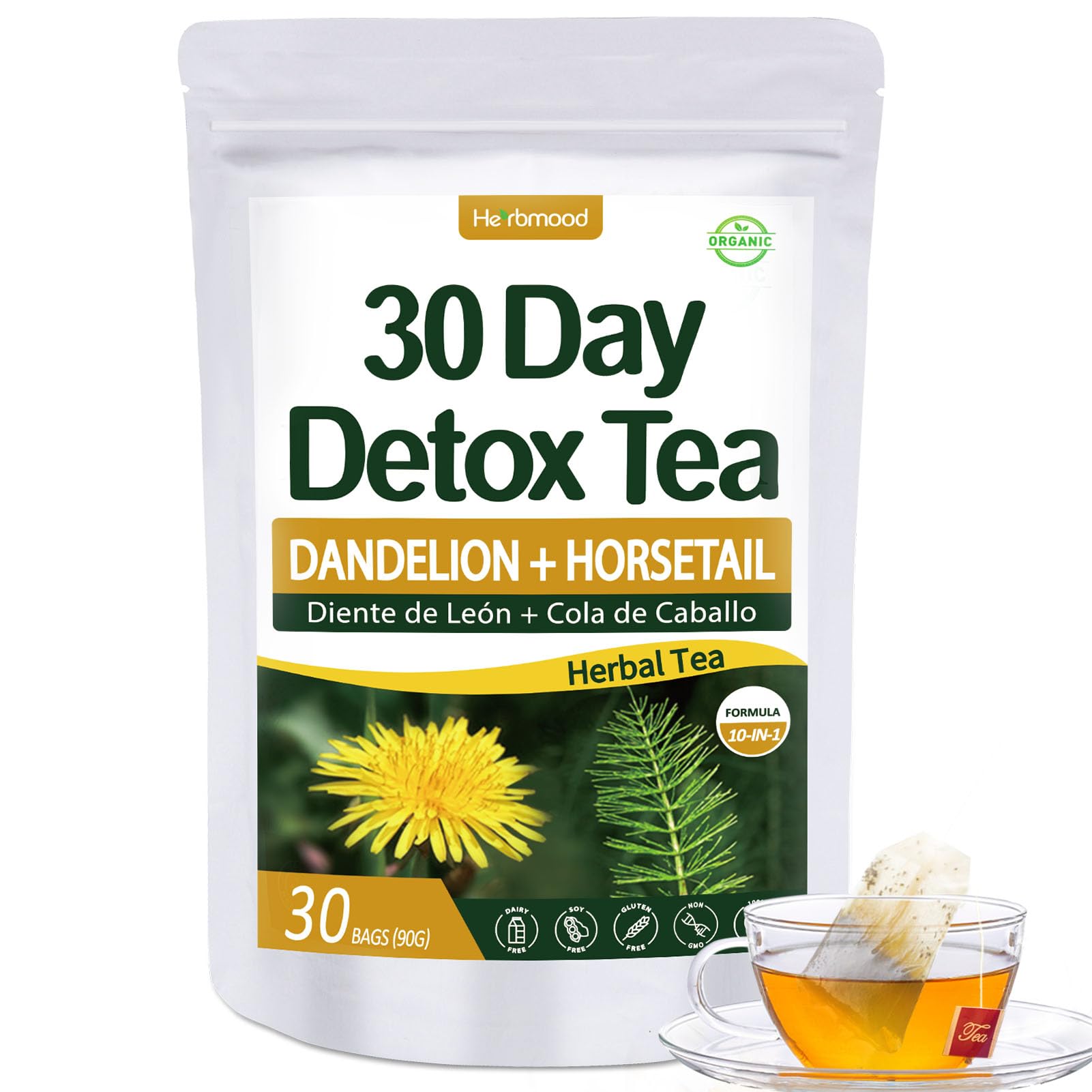 Herbmood 30 Day Detox Tea for body Cleanse, Te de Diente de Leon & cola de caballo Organico Natural, Limpieza de Colon y Desintoxicar, Digestive